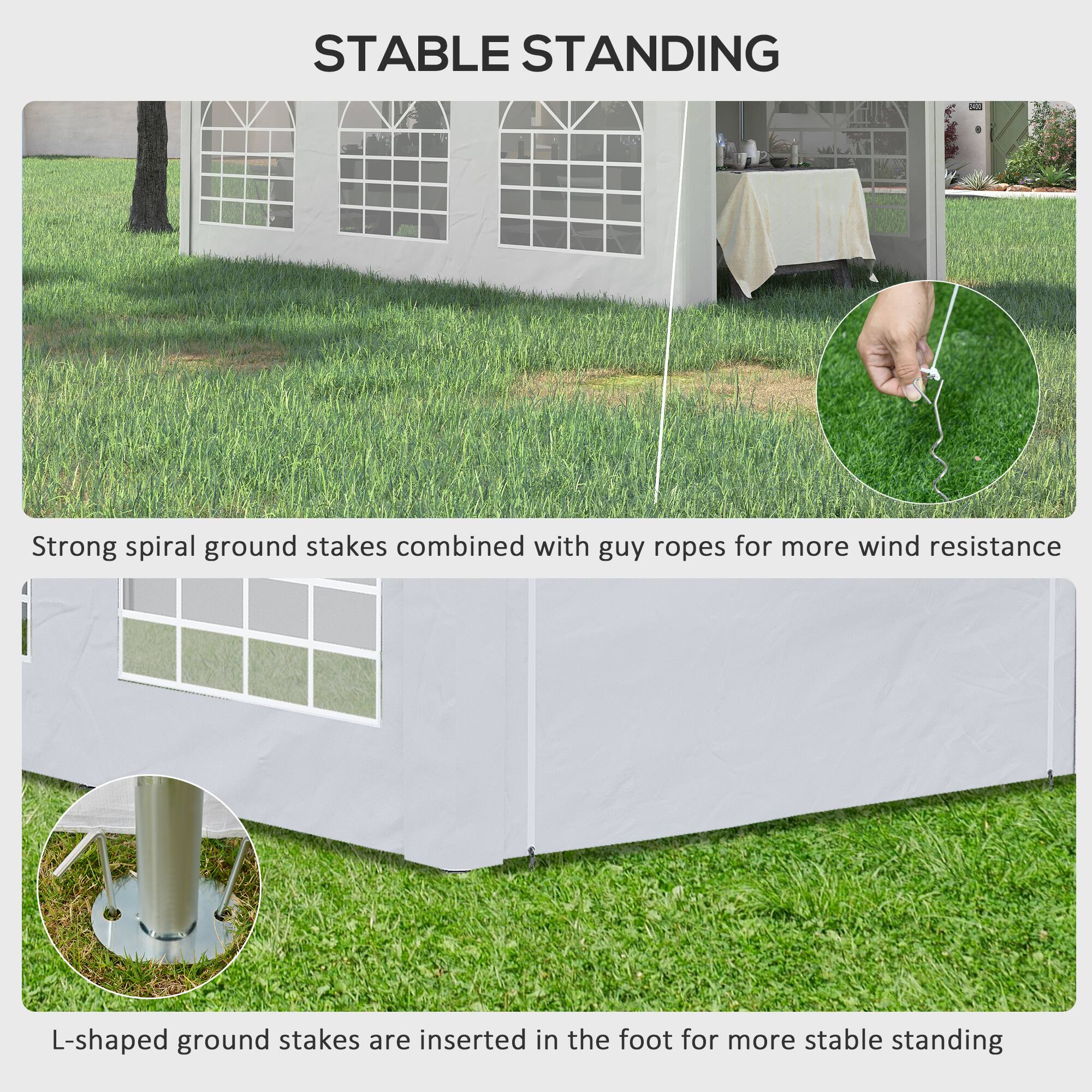 STABLE STANDING

Strong spiral ground stakes combined with guy ropes for more wind resistance

L-shaped ground stakes are inserted in the foot for more stable standing