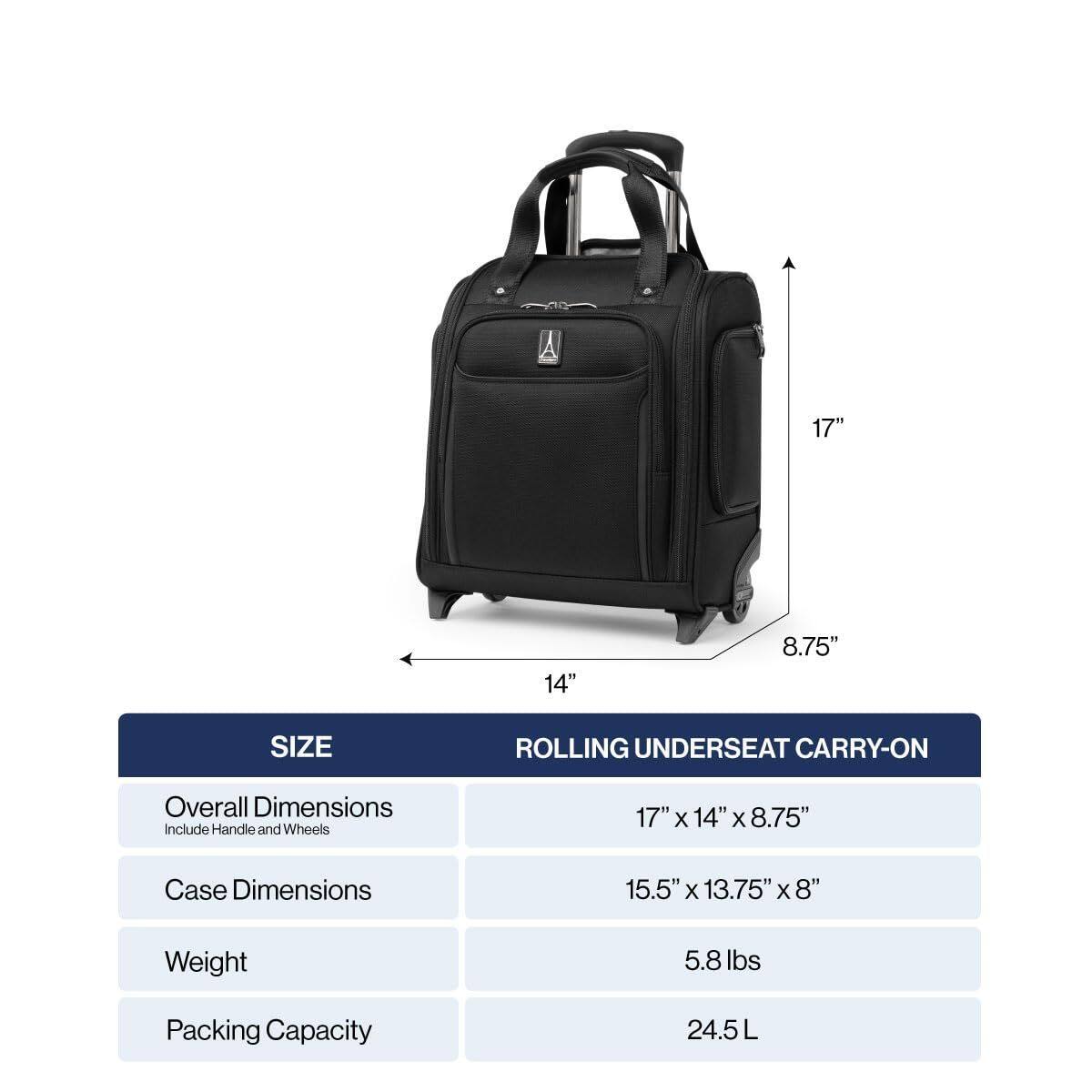 A 17" x 14" x 8.75" SIZE ROLLING UNDERSEAT CARRY-ON

Overall Dimensions Include Handle and Wheels: 17" x 14" x 8.75"

Case Dimensions: 15.5" x 13.75" x 8"

Weight: 5.8 lbs

Packing Capacity: 24.5L
