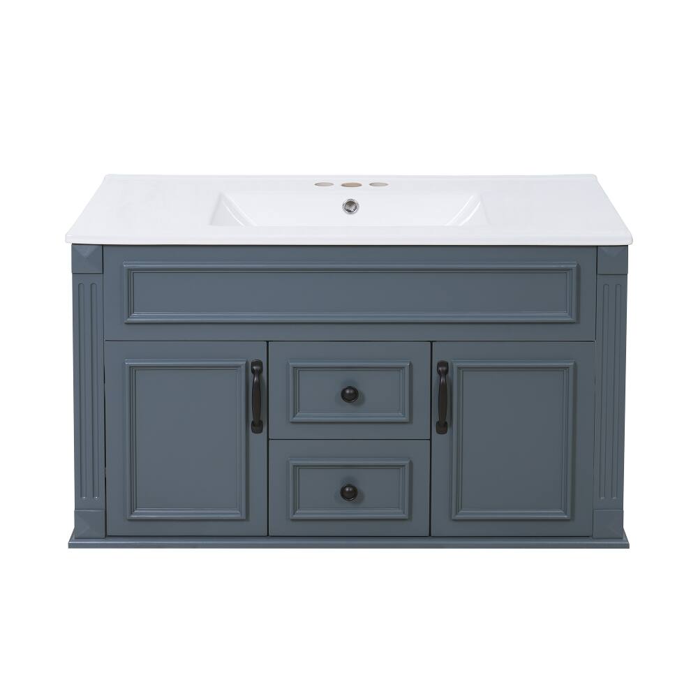 Alt View 6. Loheer - Loheer 36 inch wall mounted bathroom vanity Blue Floating Cabinet with Ceramic Sink - Blue.