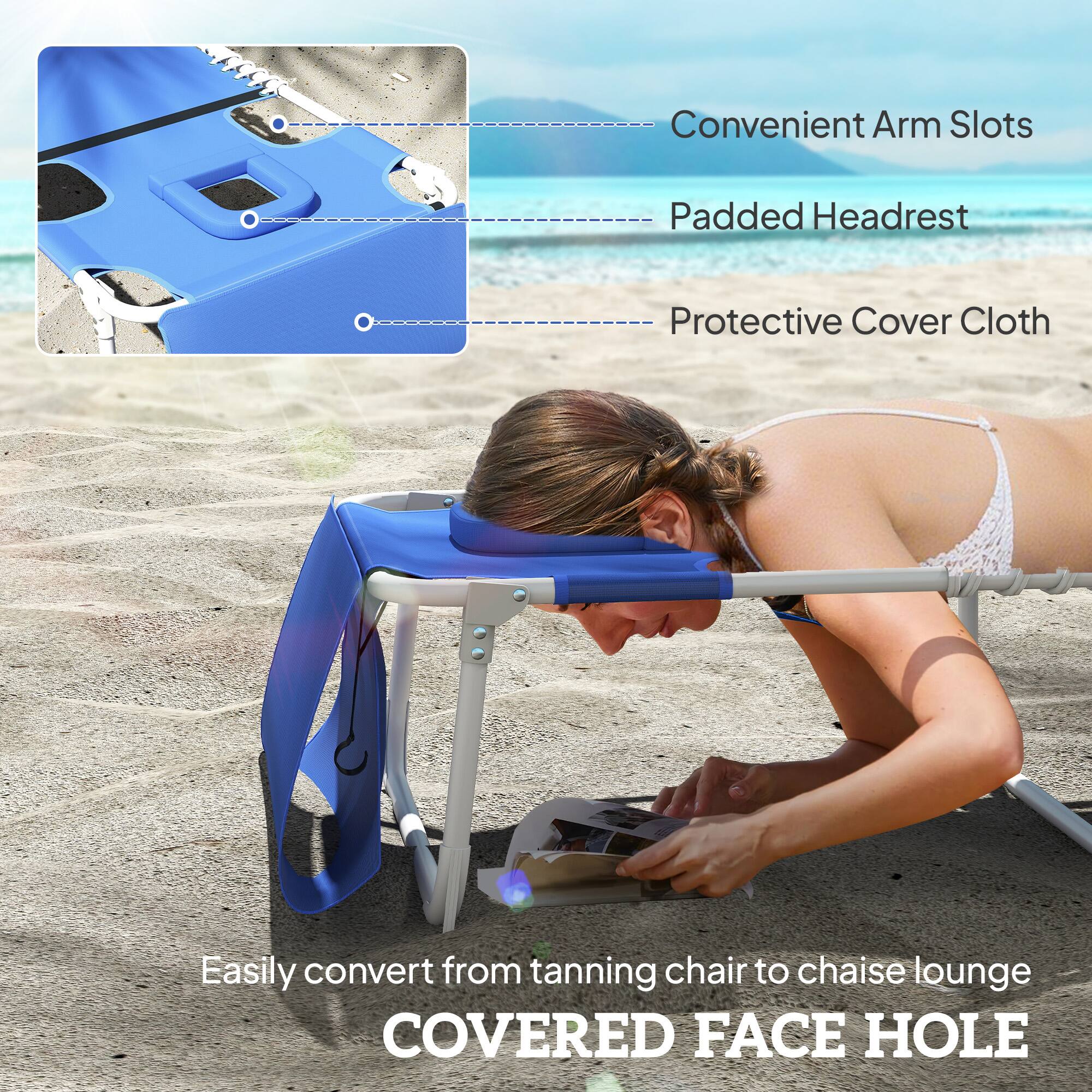 Convenient Arm Slots  
Padded Headrest  
Protective Cover Cloth  

Easily convert from tanning chair to chaise lounge  
COVERED FACE HOLE