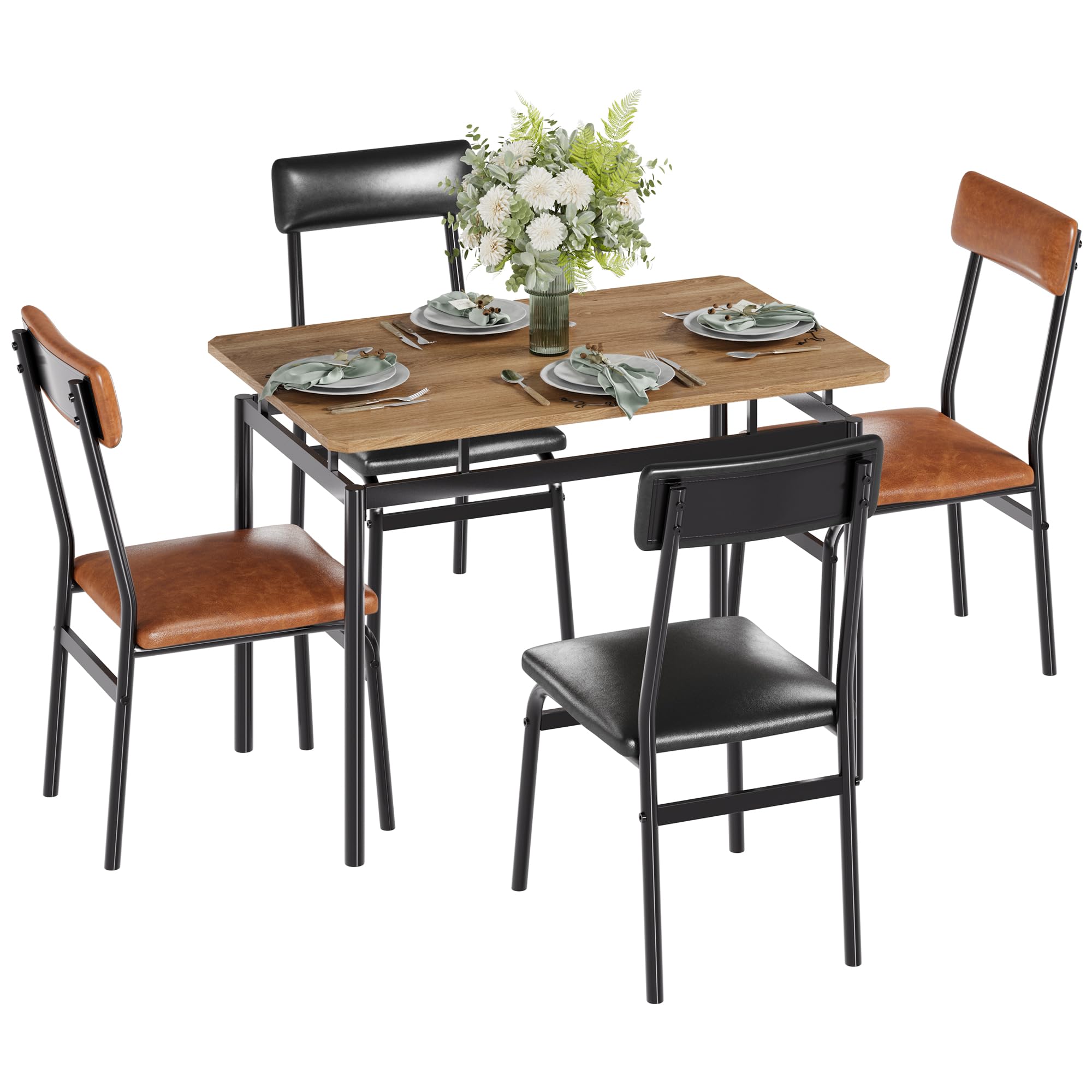 Alt View 4. Homhougo - Wood Dining Table with 4 Chairs – Faux Leather Cushions, Rectangular, 5-Pc Set - Brown.