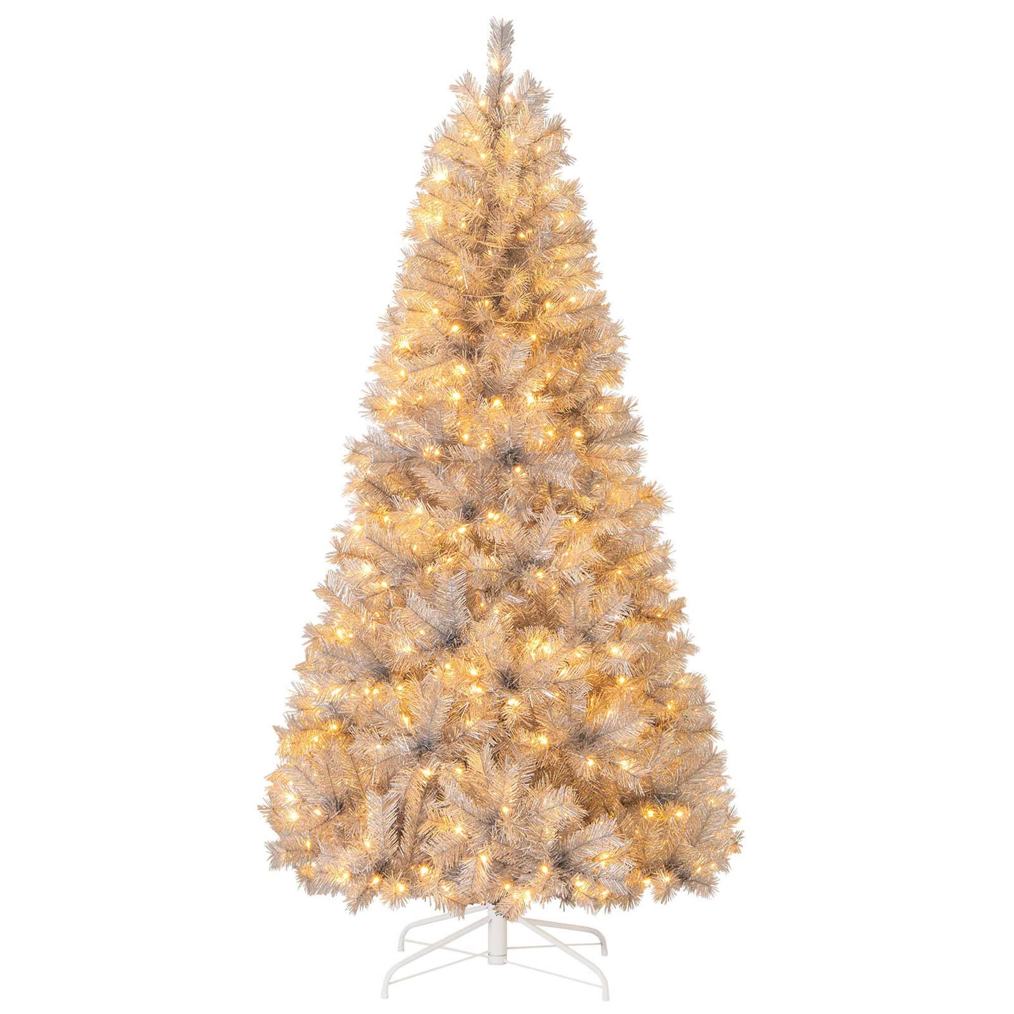 Costway - 7 FT Christmas Tree Artificial Xmas Tree with 807 Branch Tips 400 LED Lights - Silver