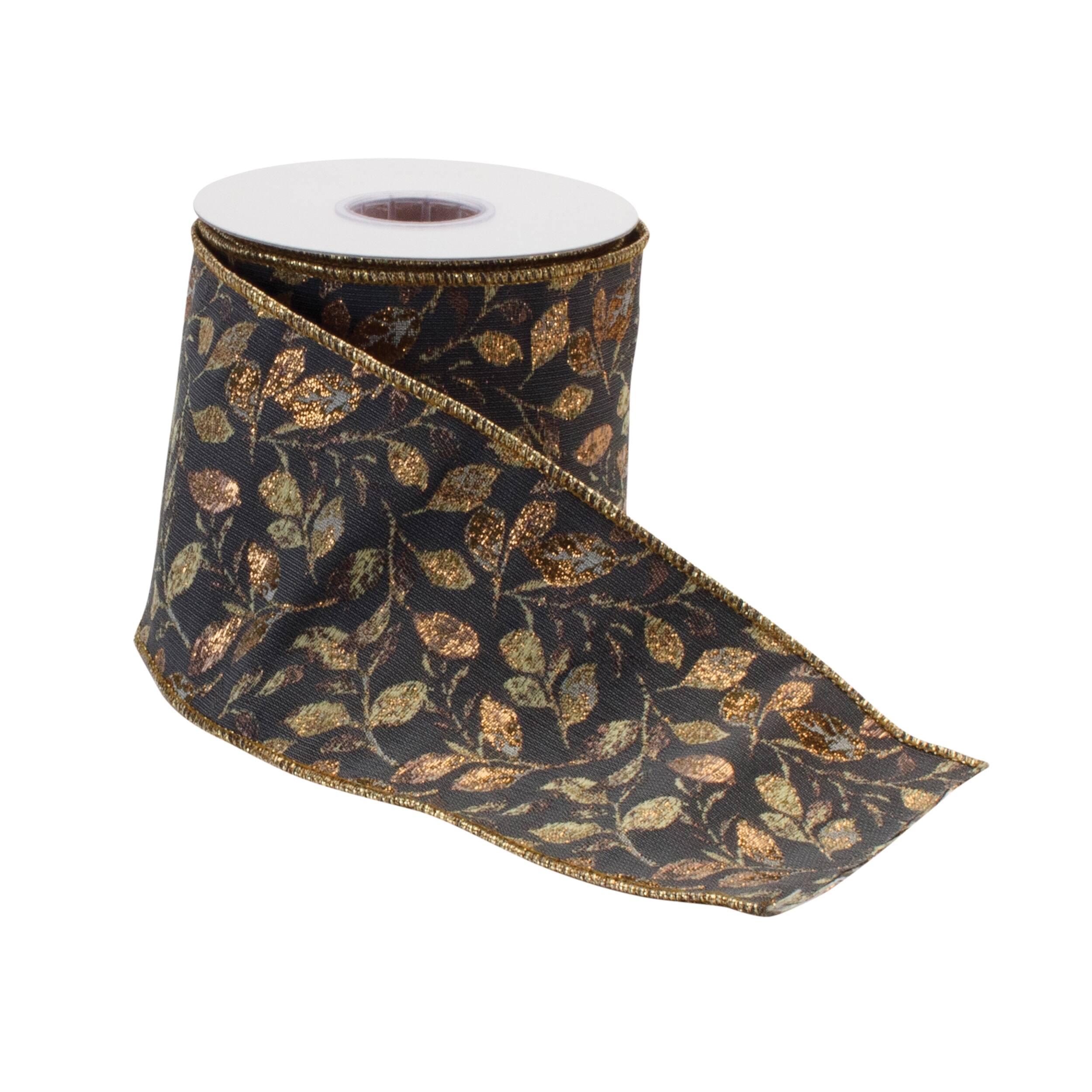 Angle. BreeBe - Grey and Gold Leaf Print Wired Ribbon 4" x 5yds - Gold, Grey.