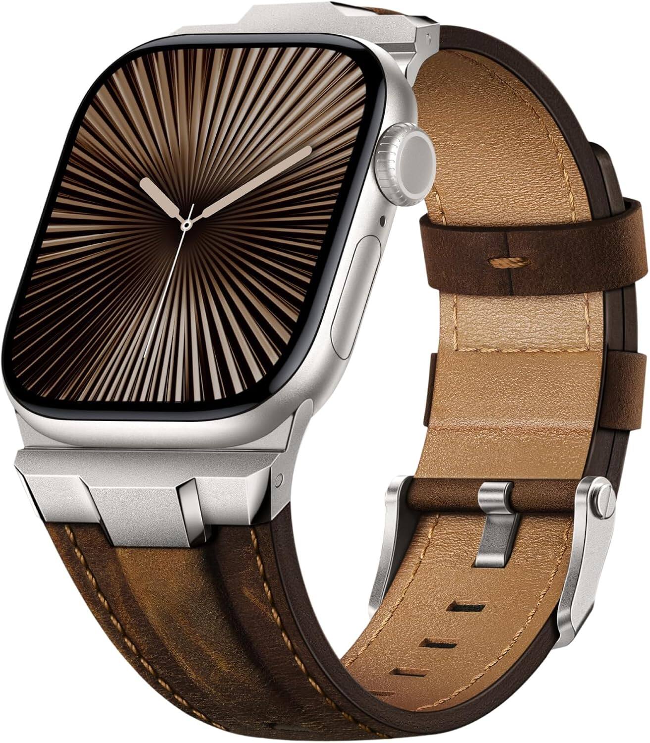 Front. Core Tech - Genuine Leather Band for Apple Watch 38/40/41/42mm (Series 10/11), Adjustable - Titanium/Classic Retro Walnut.