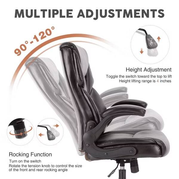 MULTIPLE ADJUSTMENTS

90°-120°

Height Adjustment
Toggle the switch toward the top to lift
Height lifting range is 4 inches

Rocking Function
Turn on the switch
Rotate the tension knob to control the size of the front and rear rocking angle