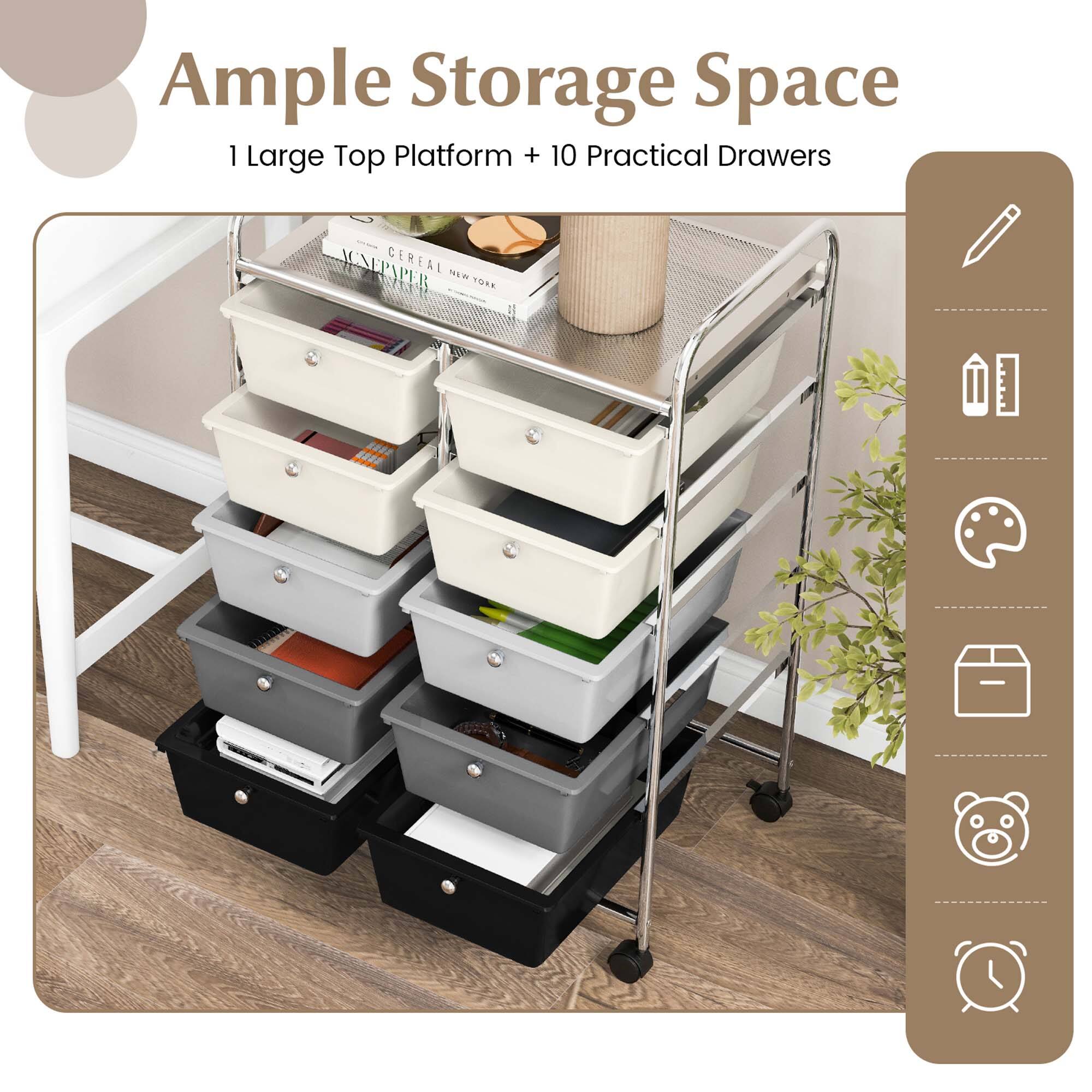 Ample Storage Space: 1 Large Top Platform + 10 Practical Drawers