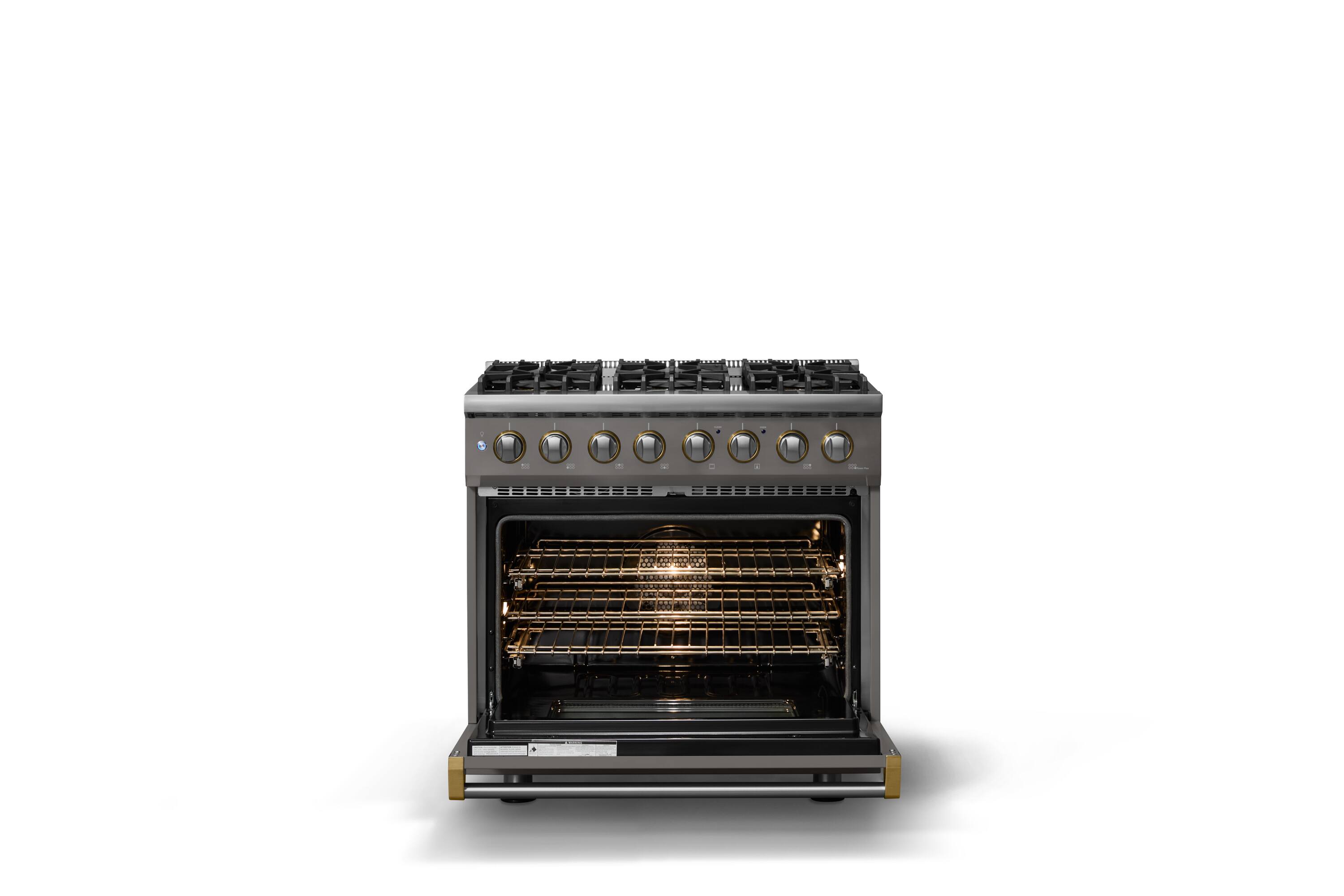Alt View 2. Viking - 36 in. Wide 6 Burner Pro 5 Series 5.6 Cu. Ft. Freestanding Sealed DF Convection Range with Brushed Brass Trim - Damascus Gray.
