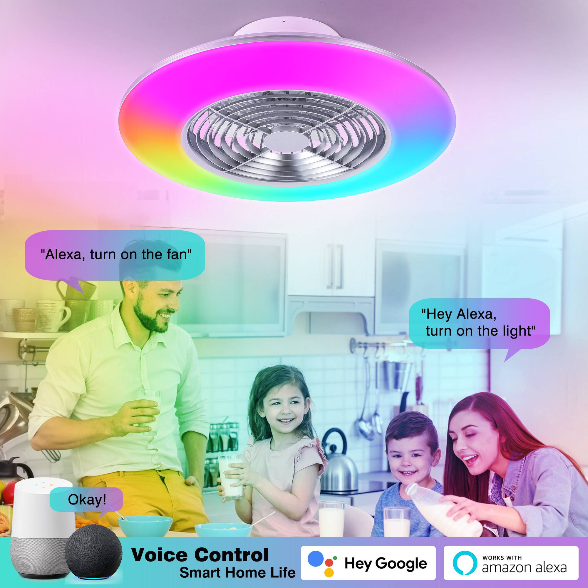 "Alexa, turn on the fan"  
"Hey Alexa, turn on the light"  

Okay! Voice Control Smart Home Life  

Hey Google  
WORKS WITH amazon alexa