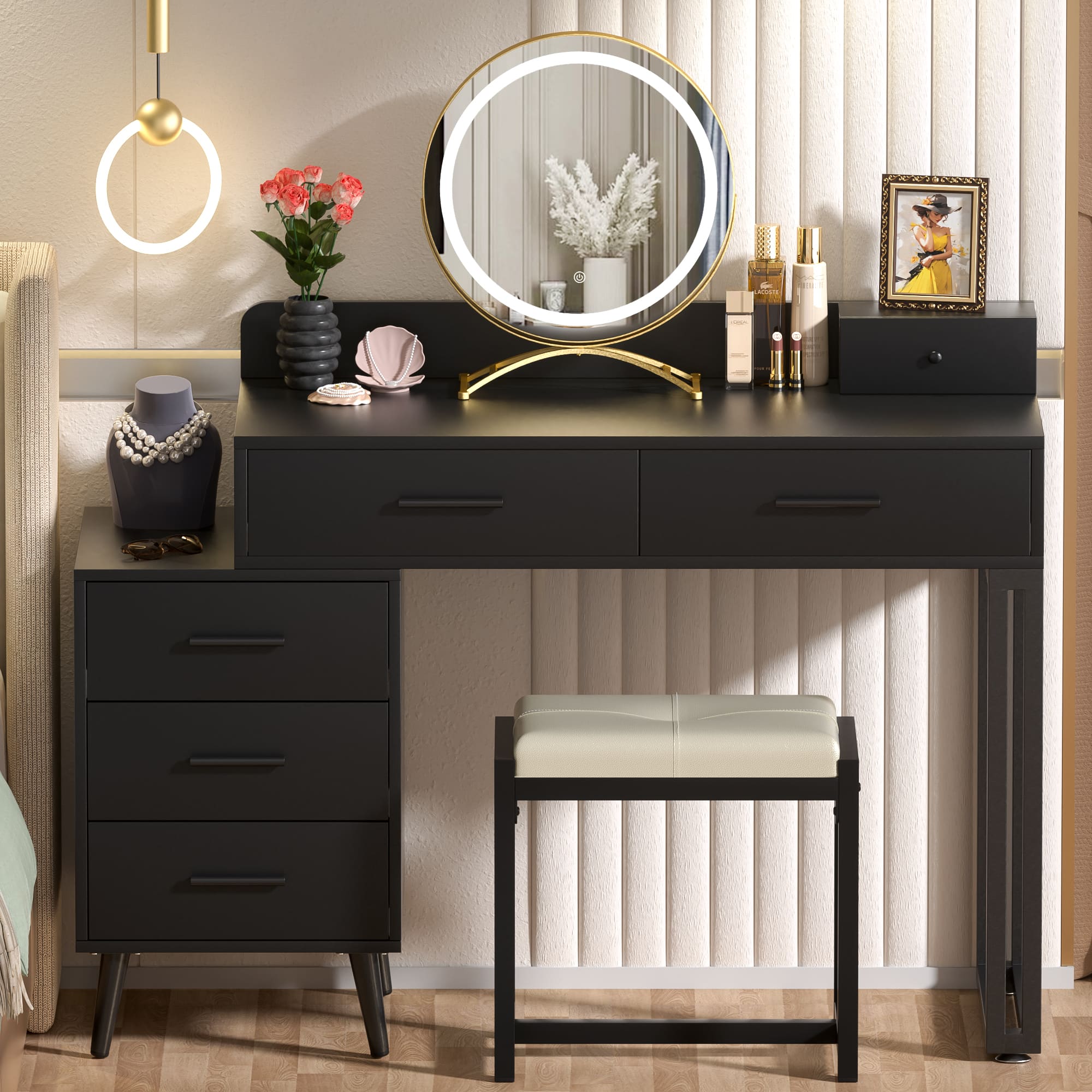 Aheaplus - Modern Vanity Desk with LED Mirror & 6 Drawers - Includes Cushioned Stool & Organizers for Bedroom - Black