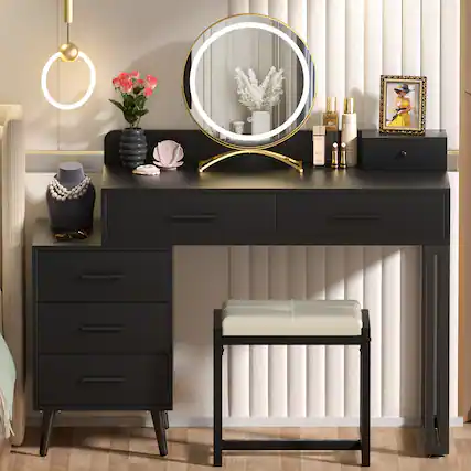 Front. Aheaplus - Modern Vanity Desk with LED Mirror & 6 Drawers - Includes Cushioned Stool & Organizers for Bedroom - Black.