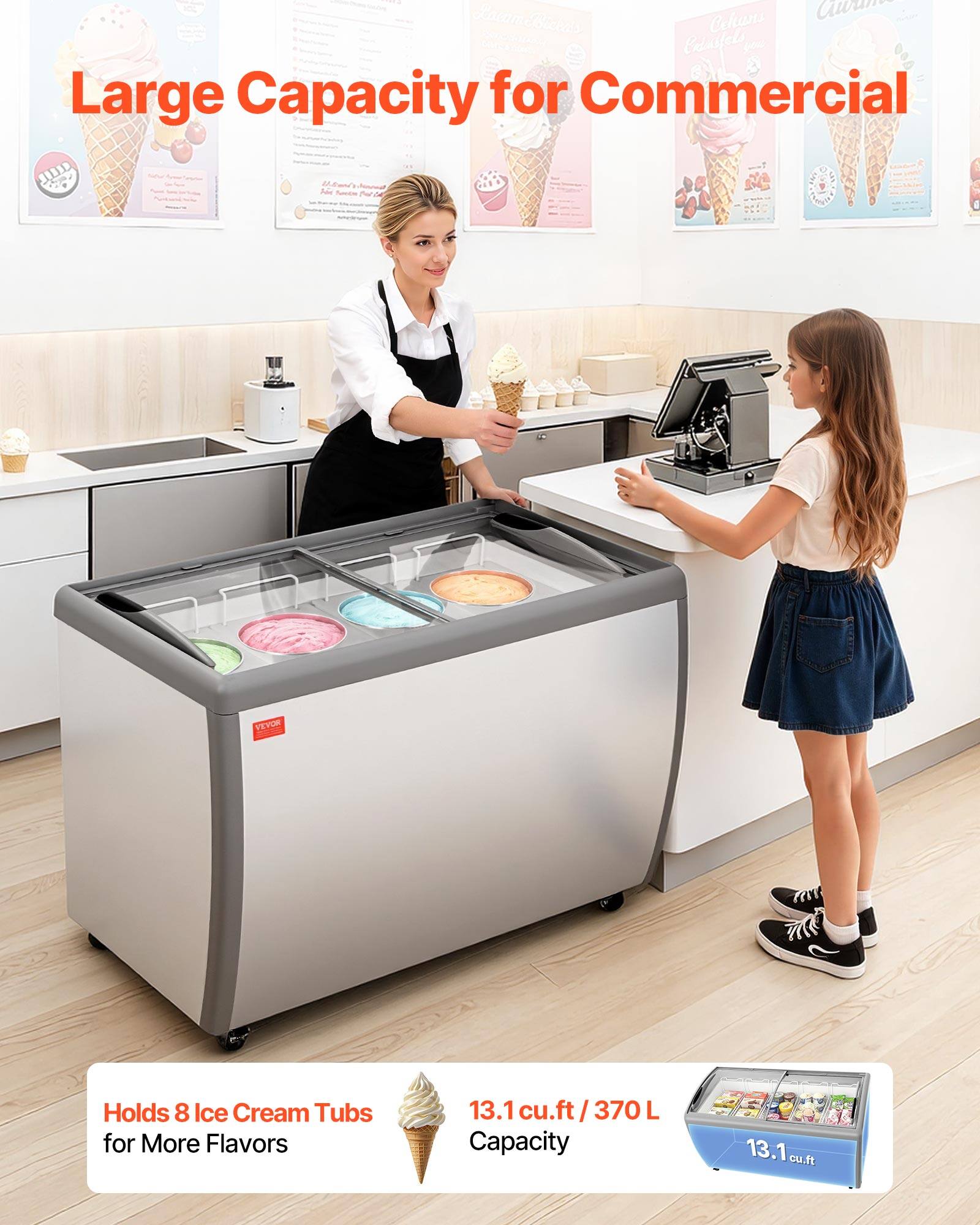 Large Capacity for Commercial

Holds 8 Ice Cream Tubs for More Flavors

13.1 cu.ft / 370 L Capacity