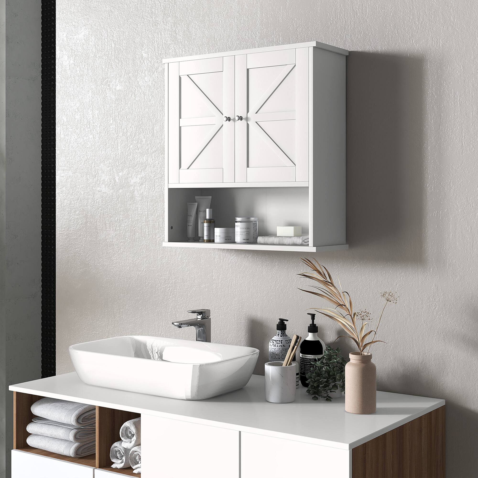Alt View 1. Kleankin - Farmhouse Bathroom Wall Cabinet, Wall Mounted Medicine Cabinet with Open Shelf & Adjustable Shelf, Storage - White.
