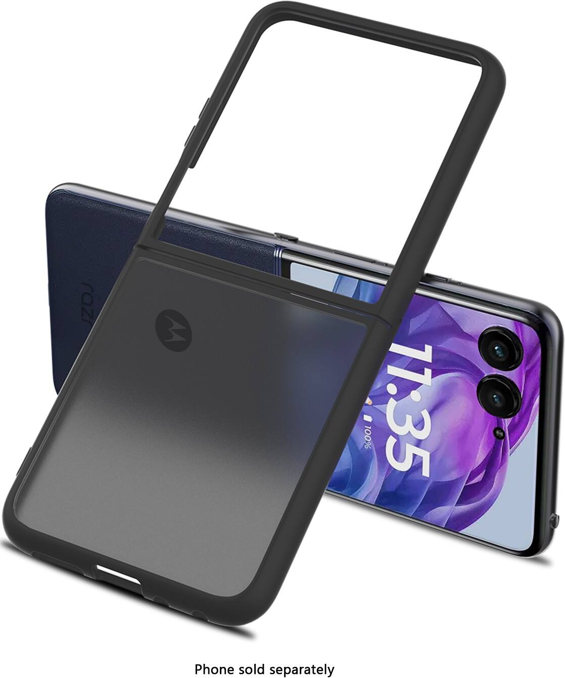 The image features a phone case and a cell phone. The phone case is black and gray, and the cell phone is purple. The case is designed to fit the phone, providing protection and a secure grip. The phone is displayed in the case, showcasing its compatibility with the case. The case is sold separately from the phone, allowing customers to purchase the case separately or as a bundle with the phone.