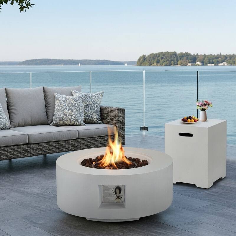 Alt View 2. U-HOMY - Round Propane Fire Pit Set with Side Cabinet – Outdoor Patio Heating for Backyard - Table And Cabinet.