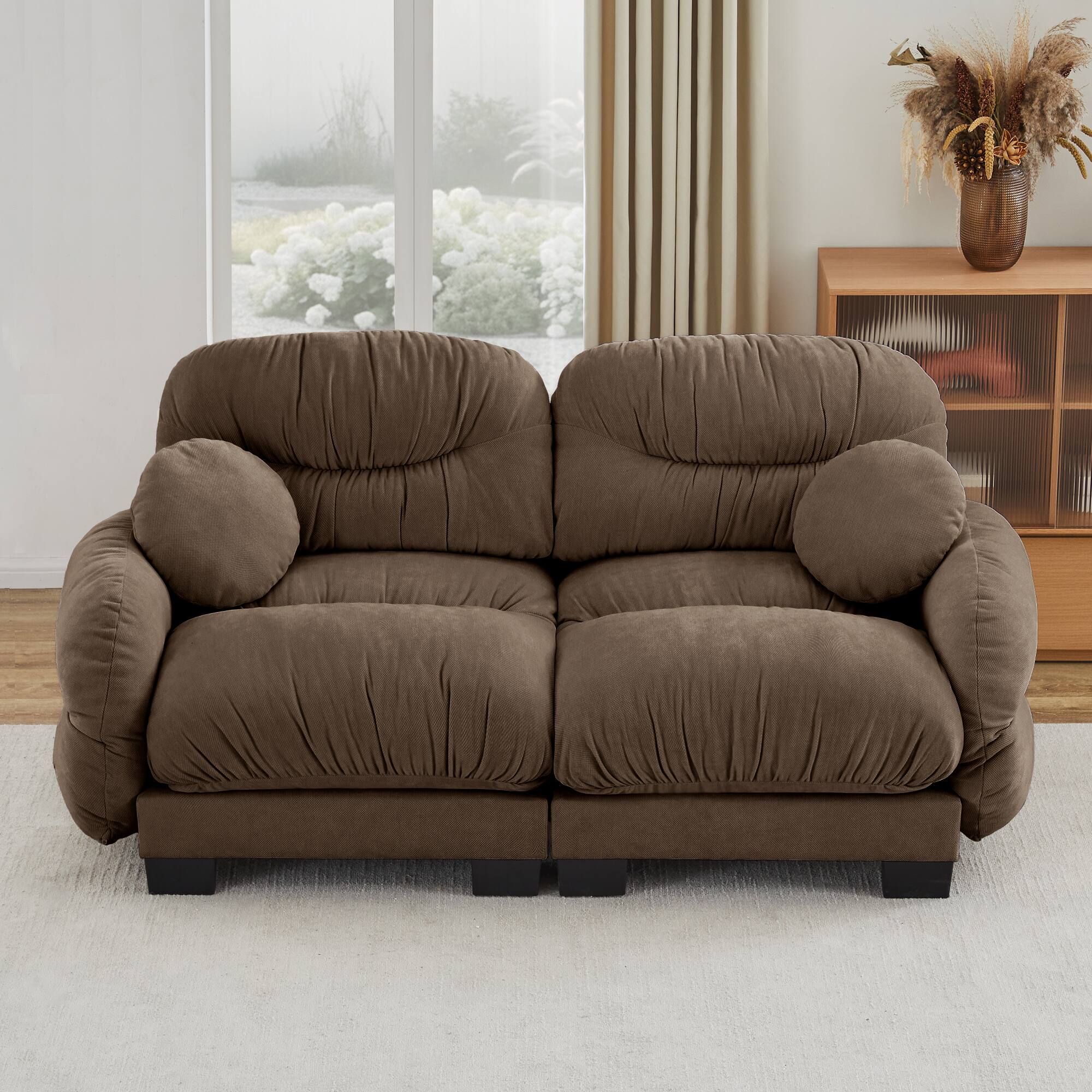 Left. Anysun - 2-Seater Modular Sofa with Chenille Fabric, High-Density Foam & Curved Armrests, Pleated Design for Living Room - Brown.