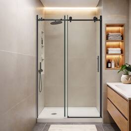 Koligey - 44-48" W x 76 "H Semi-Frameless Sliding Shower Door-10 mmTempered Glass,Stainless Steel Anti-Rust Hardware - Black