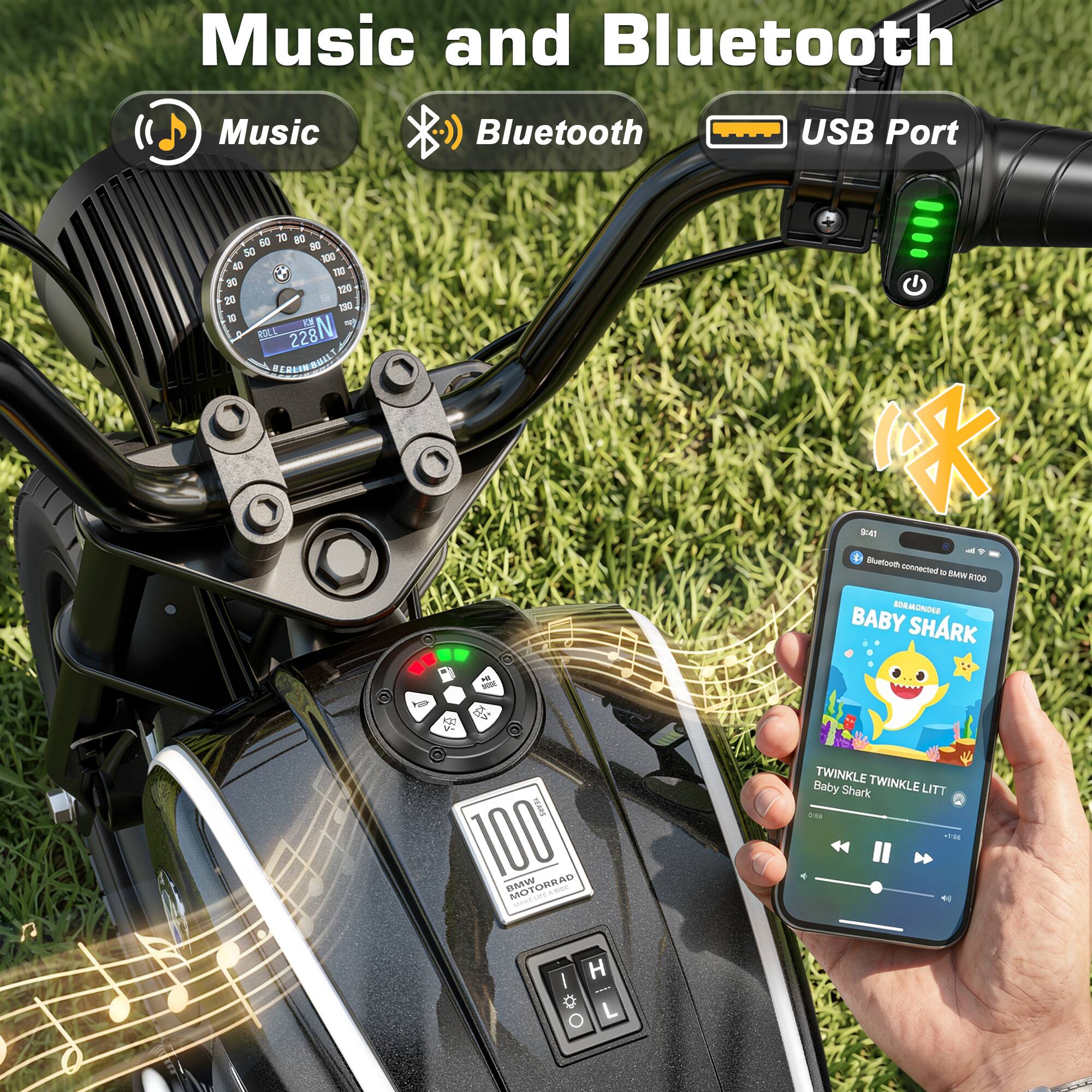 Music and Bluetooth

Music
Bluetooth
USB Port

60 70 80 90 100 110 120 130 140

ROLL 228N REALINBUILT

de MIDE

5:41 Bluetooth connected to BMW R100 BORMONDER BABY SHARK

A
YEARS 100 BMW MOTORRAD see 20018

TWINKLE TWINKLE Baby Shark LITT 0.06 
/ H  L O