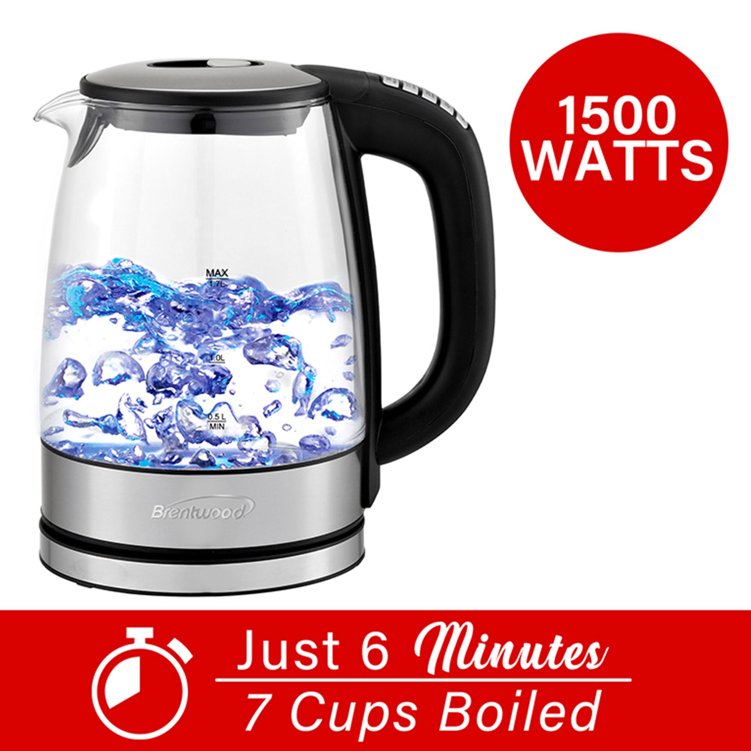 The text on the image reads: "1500 WATTS MAX 5L MIN Brentwood. Just 6 Minutes 7 Cups Boiled."