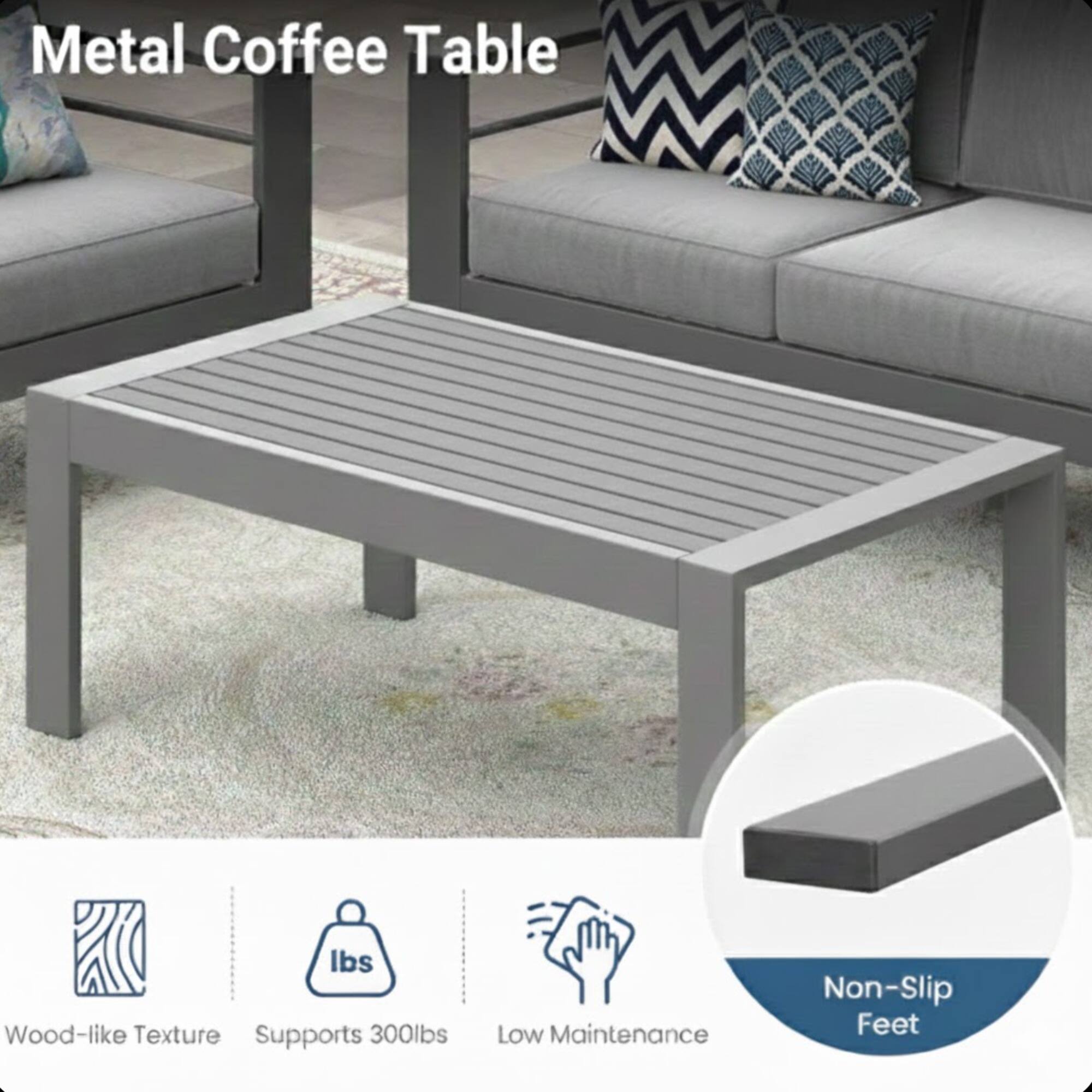 Metal Coffee Table  
- Wood-like Texture  
- Supports 300lbs  
- Low Maintenance  
- Non-Slip Feet