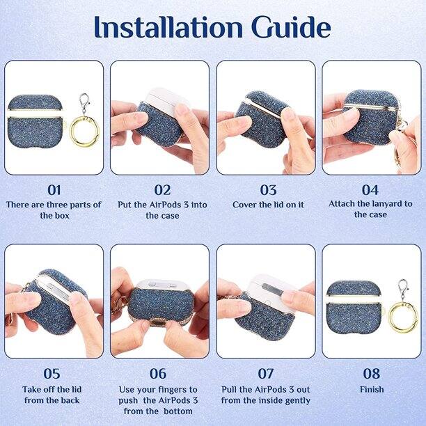 Installation Guide

01. There are three parts of the box.
02. Put the AirPods 3 into the case.
03. Cover the lid on it.
04. Attach the lanyard to the case.
05. Take off the lid from the back.
06. Use your fingers to push the AirPods 3 from the bottom.
07. Pull the AirPods 3 out from the inside gently.
08. Finish.
