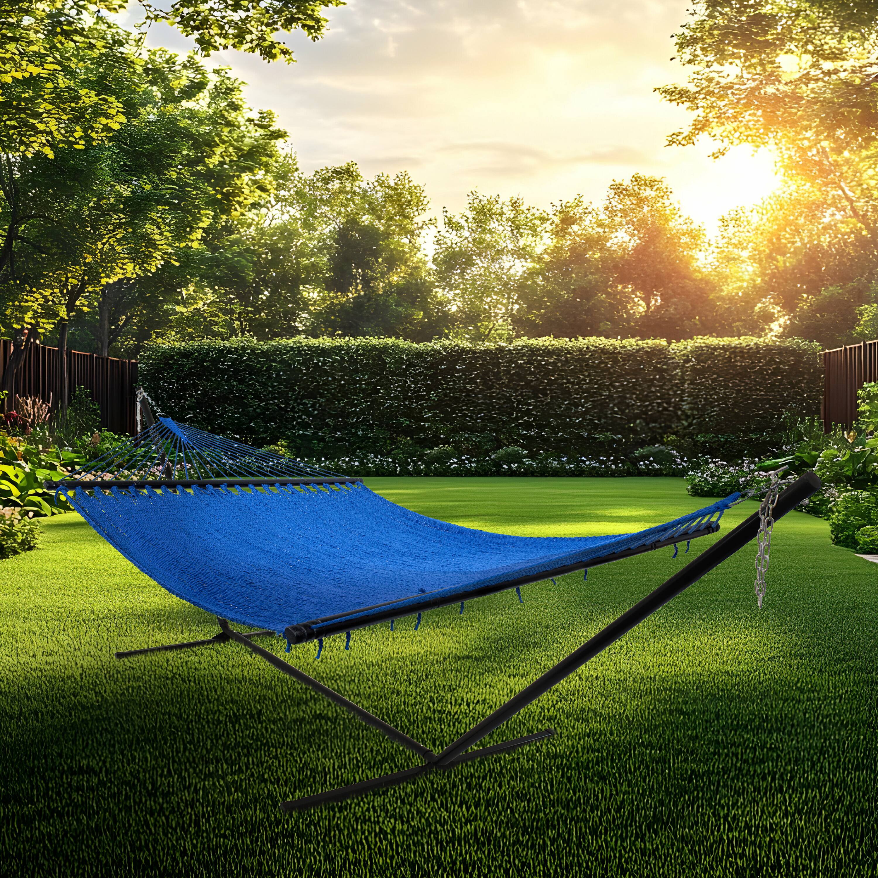 Alt View 5. Sunnydaze - 2-Person Polyester Rope Hammock with Steel Stand - Blue.