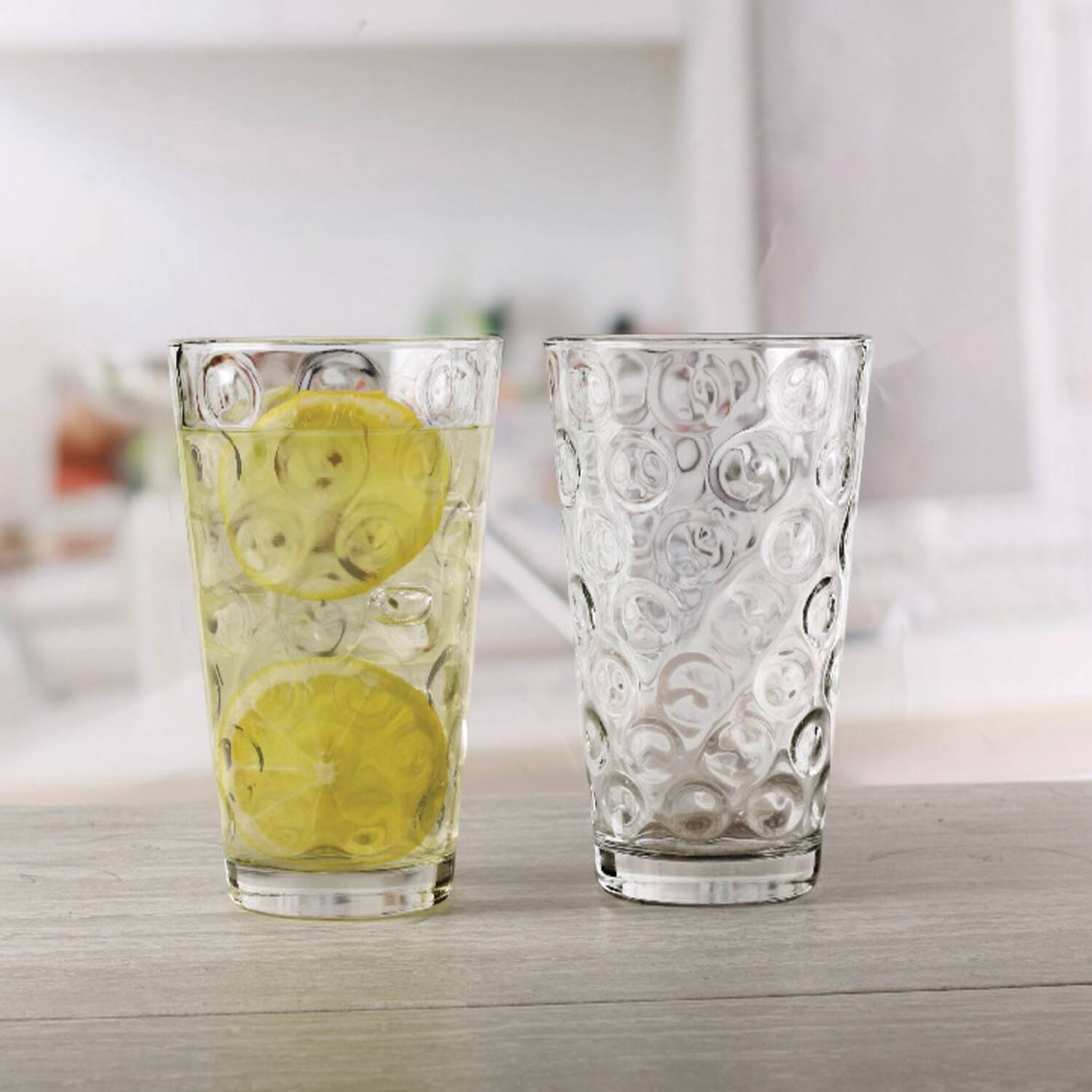 Angle. Jay Import - Double Circle Set Of 10 - 7 OZ. Juice Glasses - Clear.