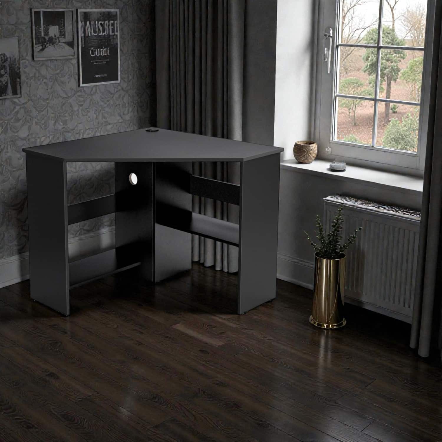 Hivvago - Multi-Functional Corner Work Desk with Shelf – Triangular Office & Study Solution - Black