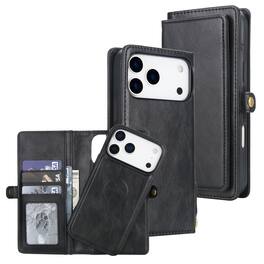 Dteck - For iPhone 17 Pro Max Detachable Wallet Case Shockproof Leather Card Slots Full Body Protection Cover With Lanyard - Black