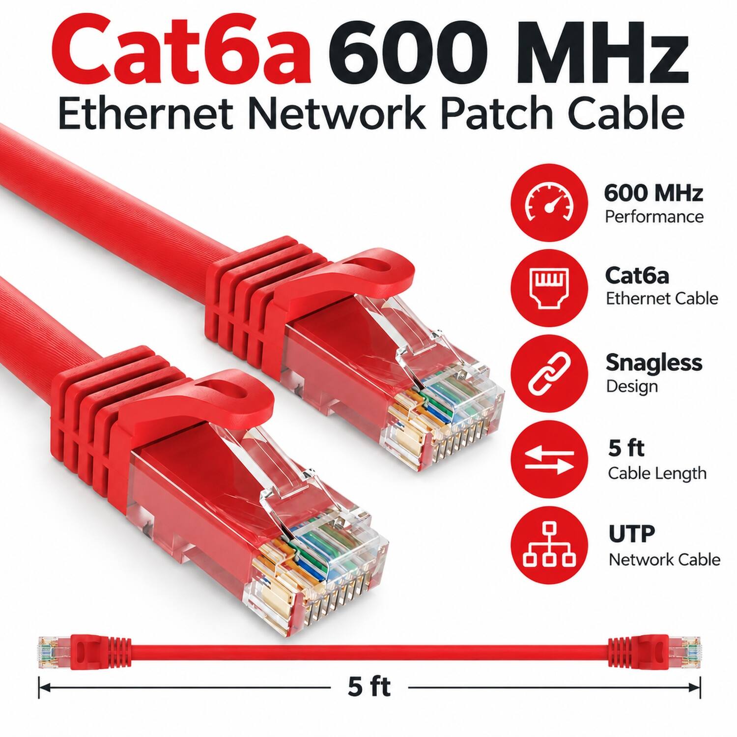 Cat6a 600 MHz Ethernet Network Patch Cable

- 600 MHz Performance
- Cat6a Ethernet Cable
- Snagless Design
- 5 ft Cable Length
- UTP Network Cable
