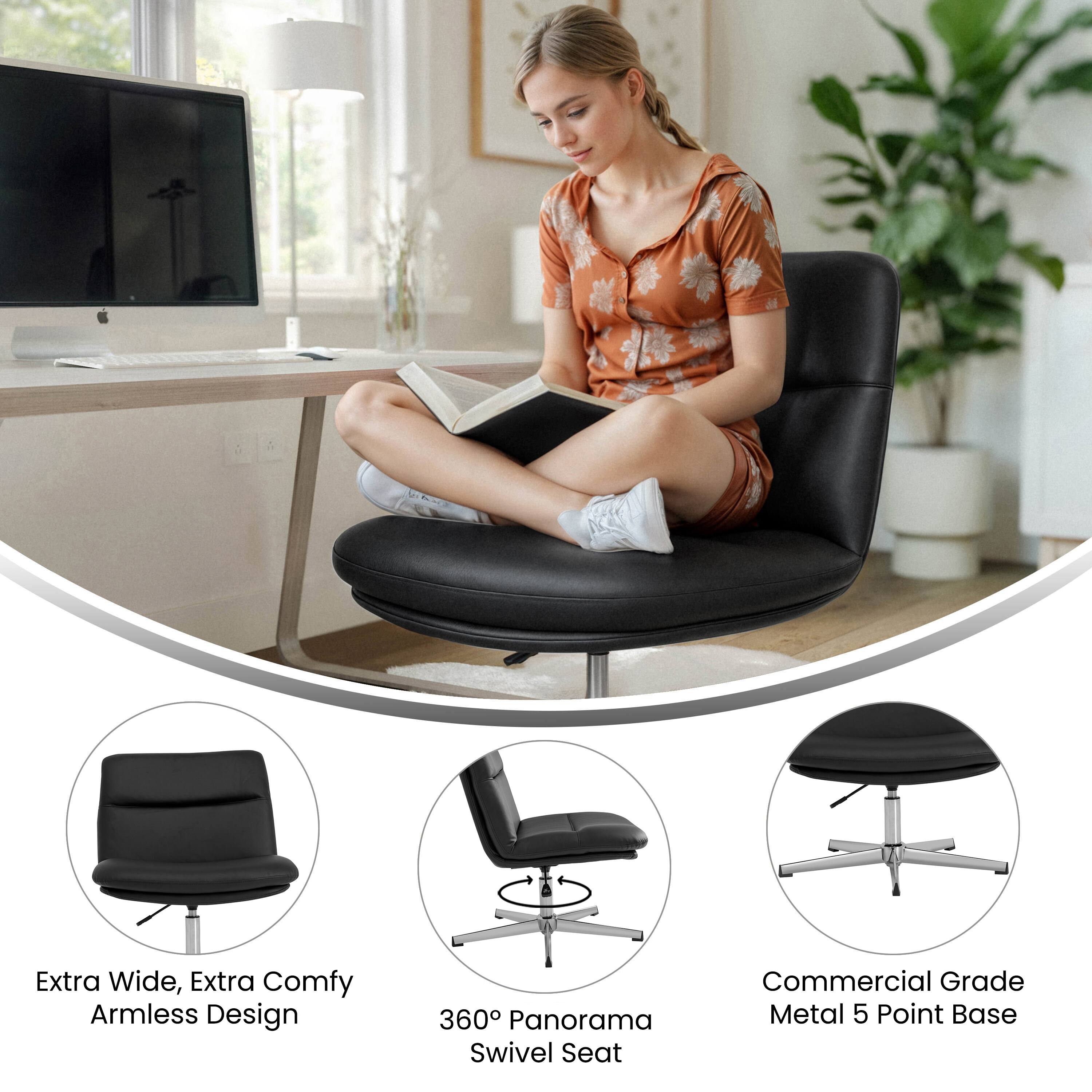 Extra Wide, Extra Comfy Armless Design  
360° Panorama Swivel Seat  
Commercial Grade Metal 5 Point Base