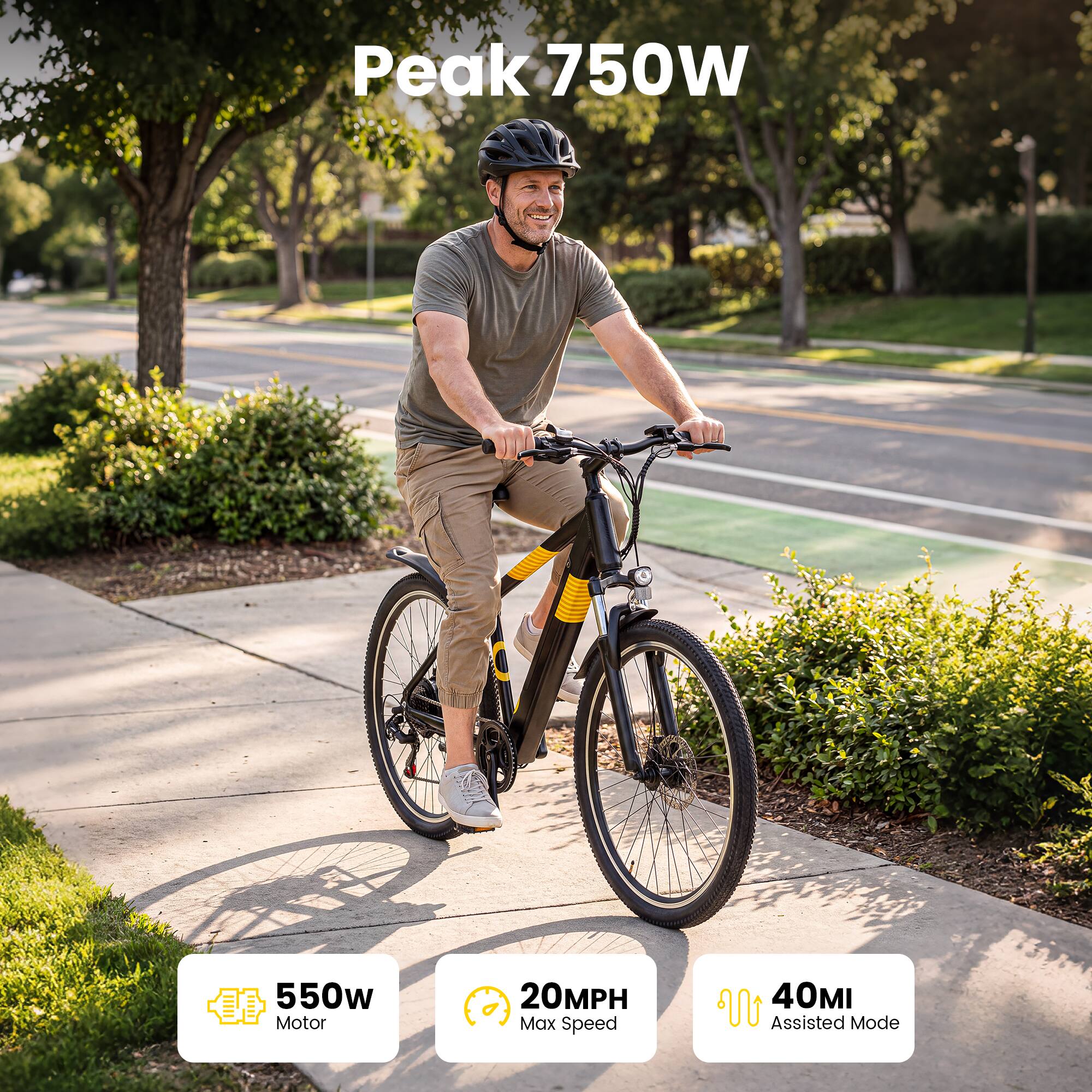 Peak 750W  
550W Motor  
20MPH Max Speed  
40MI Assisted Mode