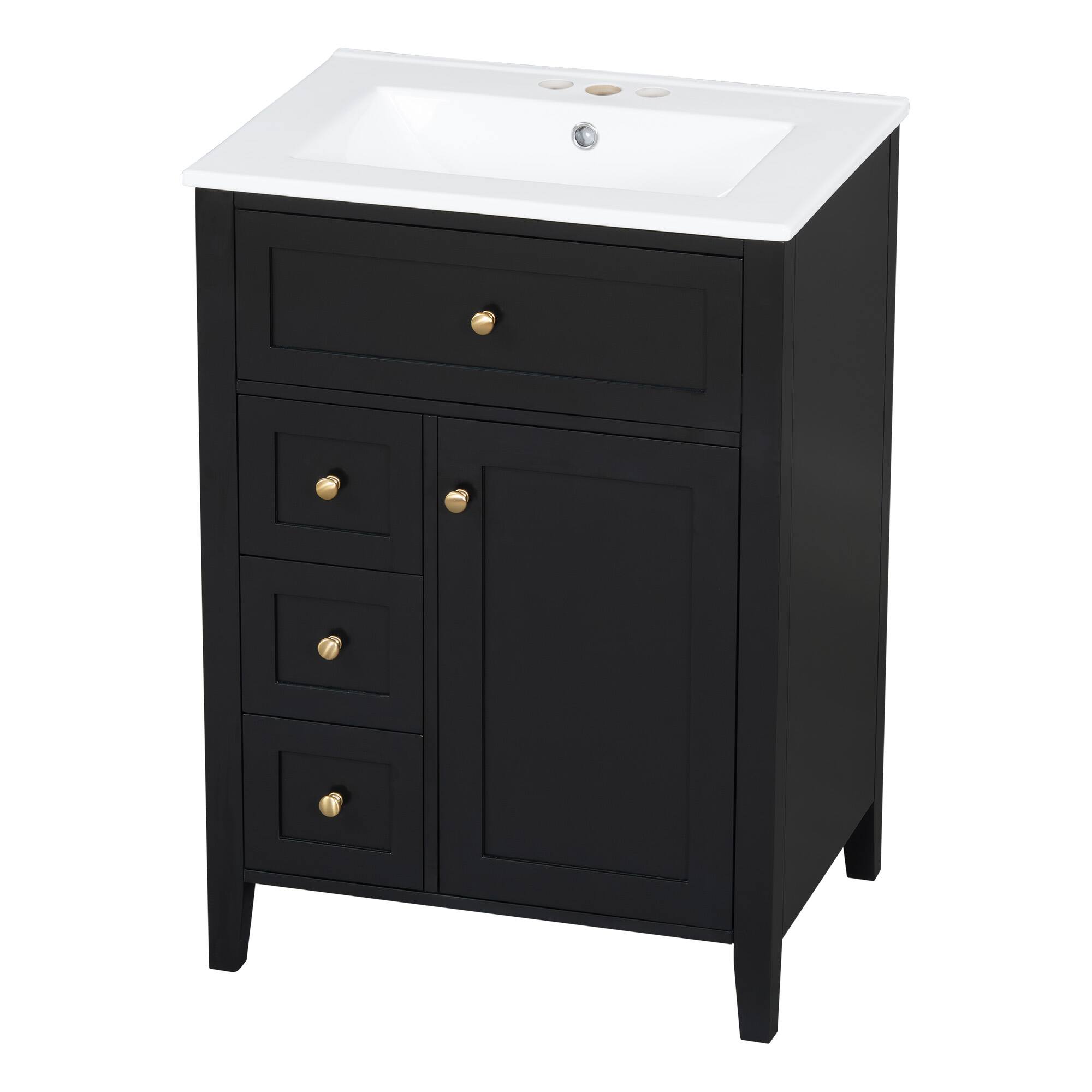Left. Whisen - 24" Bathroom Vanity with Sink, 4 Drawers & Cabinet with Adjustable Shelves for Small to Medium Bathrooms - Black.