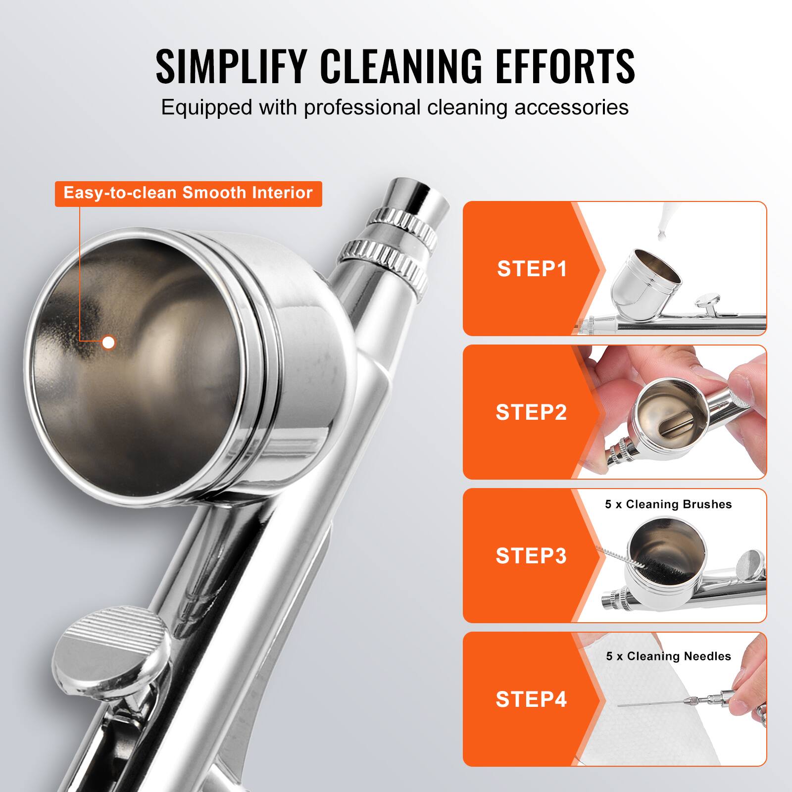 Simplify Cleaning Efforts  
Equipped with professional cleaning accessories  

Easy-to-clean Smooth Interior  

STEP 1  
STEP 2  
5 x Cleaning Brushes  
STEP 3  
5 x Cleaning Needles  
STEP 4