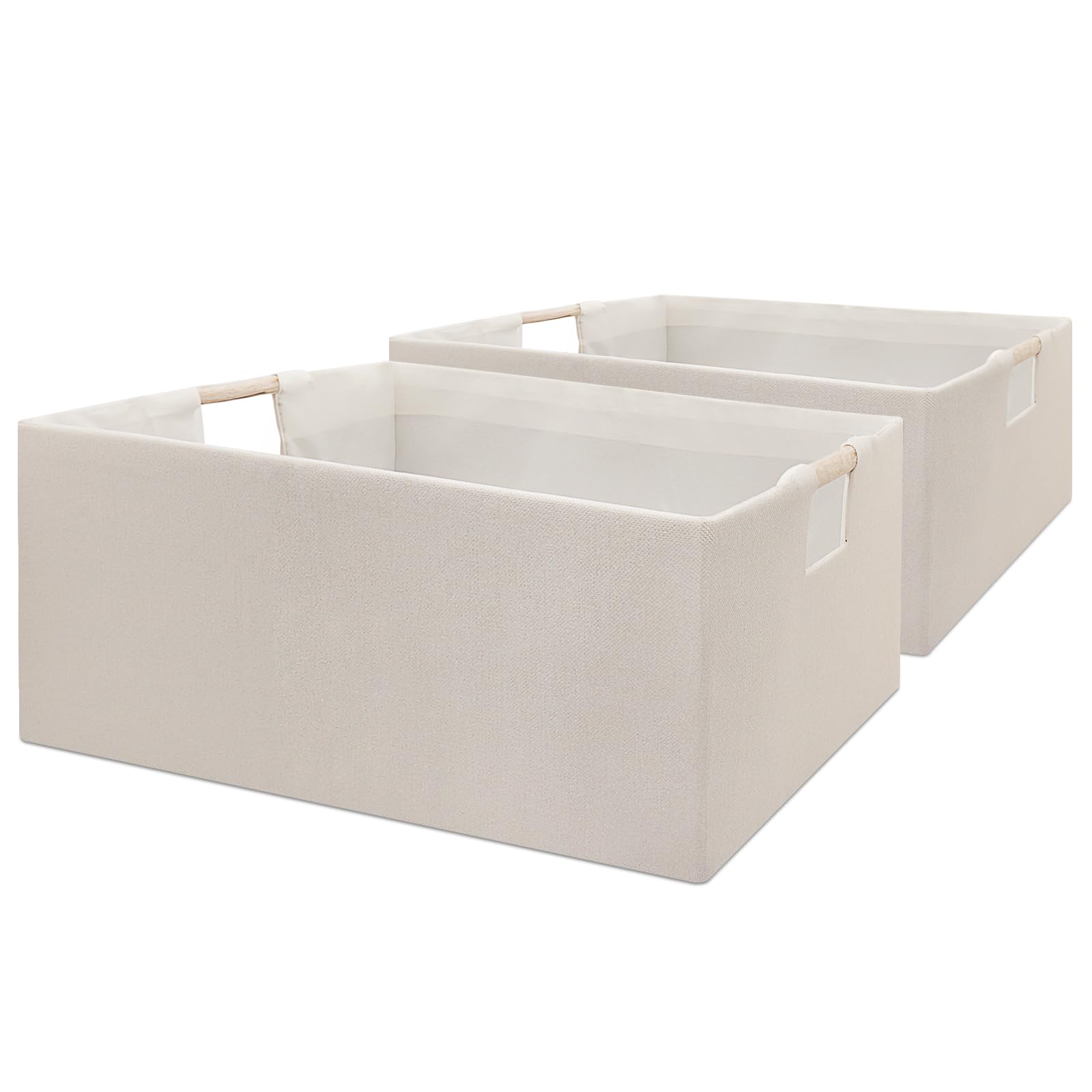 Dapper Styles - Foldable Fabric Storage Cubes 2 Packs Cloth Baskets With Wooden Handles Collapsible Shelf Closet Organizer - Beige