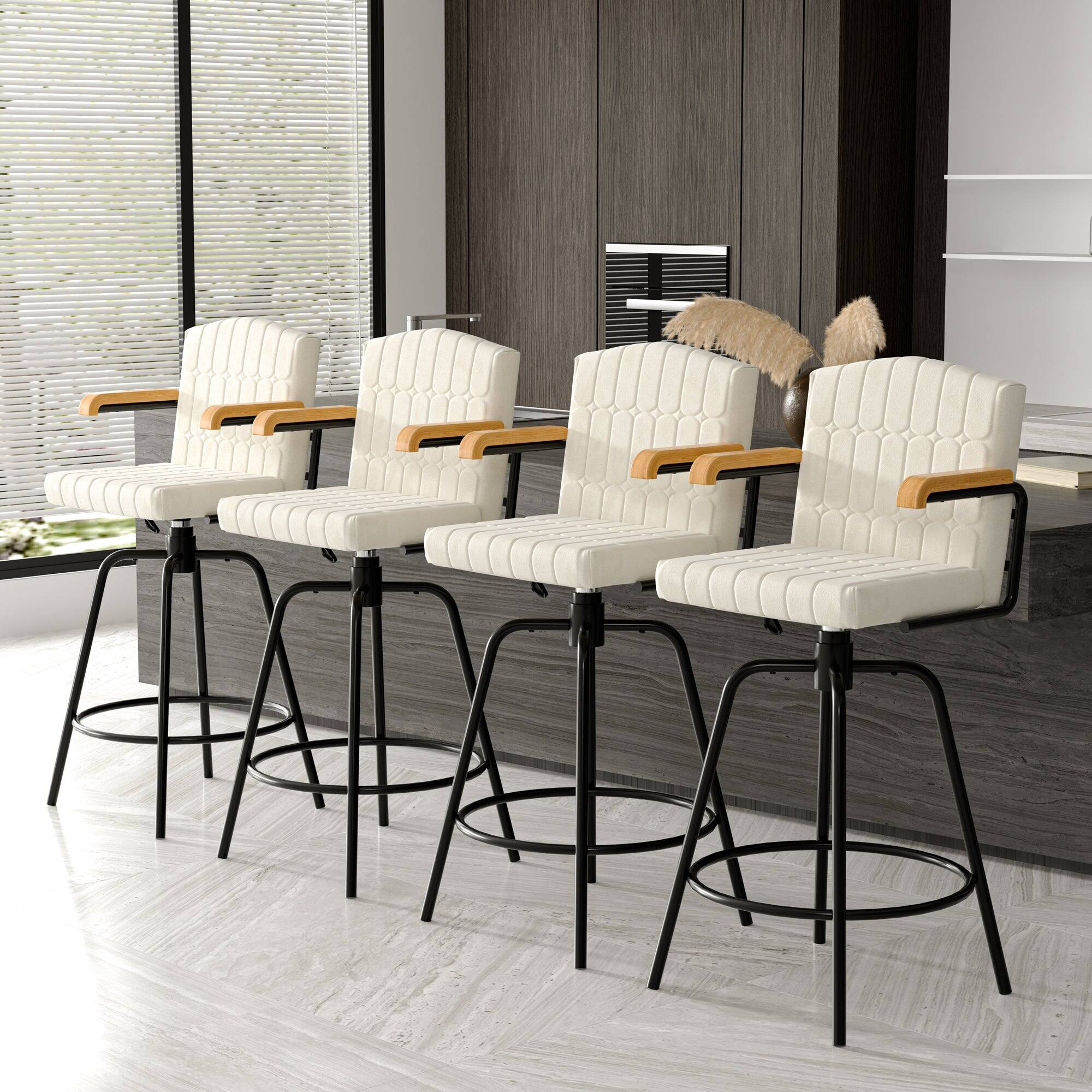 Alt View 2. Vecelo - Set of 2 Swivel Bar Stools with Adjustable Height - Beige Flocking Upholstered Counter Height Stools with  Footrest - Beige.
