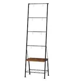 Oumilen - 4-Tier Leaning Blanket Ladder Rack with Storage Shelves, Matte Black Metal Towel Quilt Blanket Holder with 8 Hooks - Brown