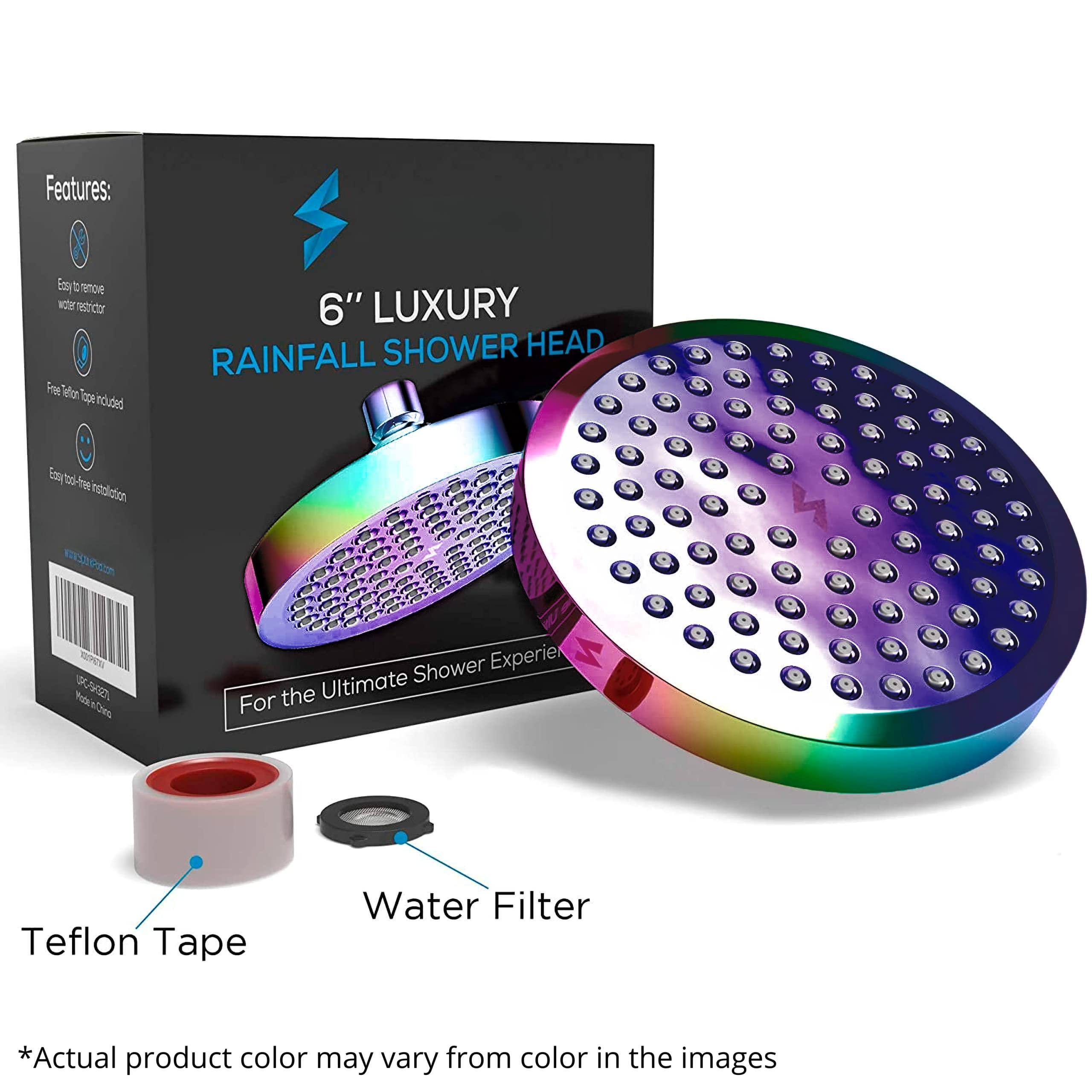 Features:
- Easy to remove water restrictor
- Free Teflon tape included
- Easy no-drill installation

6" LUXURY RAINFALL SHOWER HEAD

For the Ultimate Shower Experience

Water Filter

Teflon Tape

*Actual product color may vary from color in the images