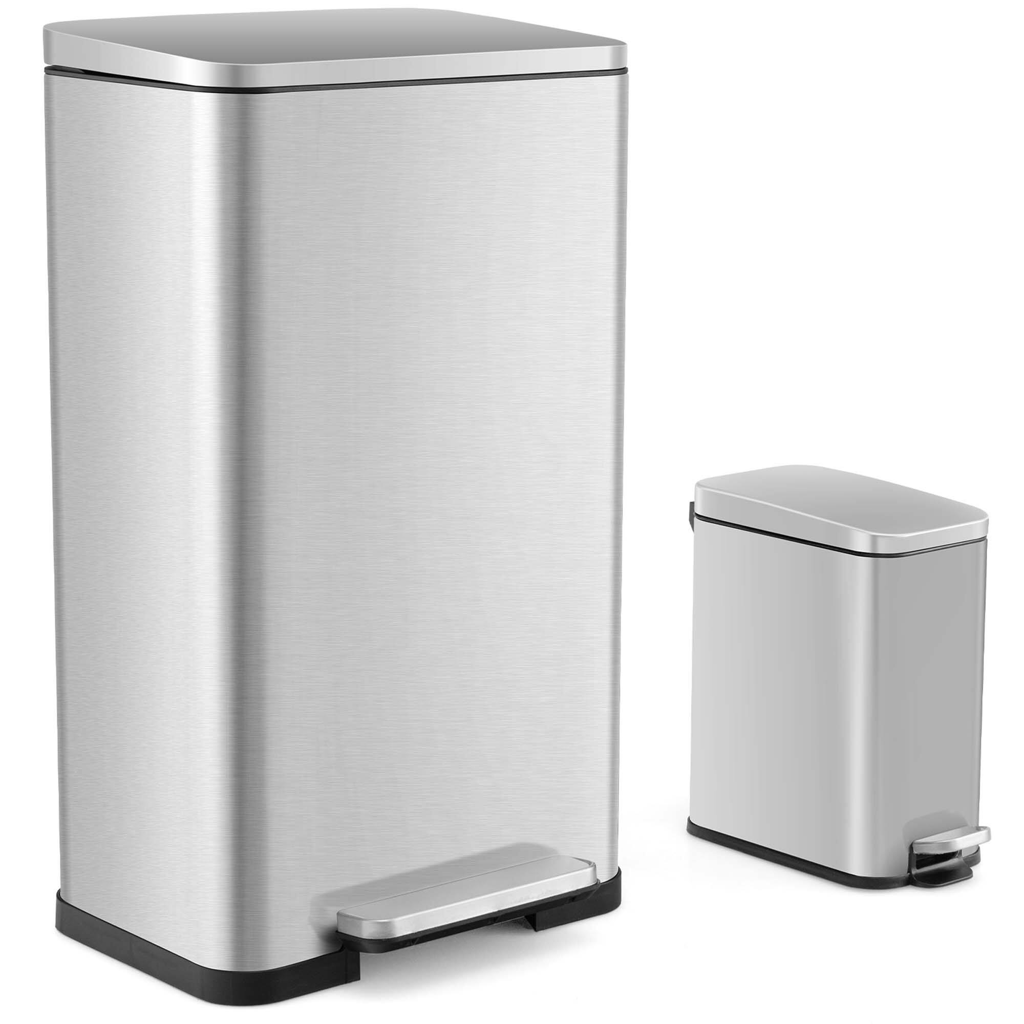 Costway - 2 Pack Trash Can Combo Set with Step-on Pedal Removable Inner Buckets for Kitchen - Silver,Rose Gold
