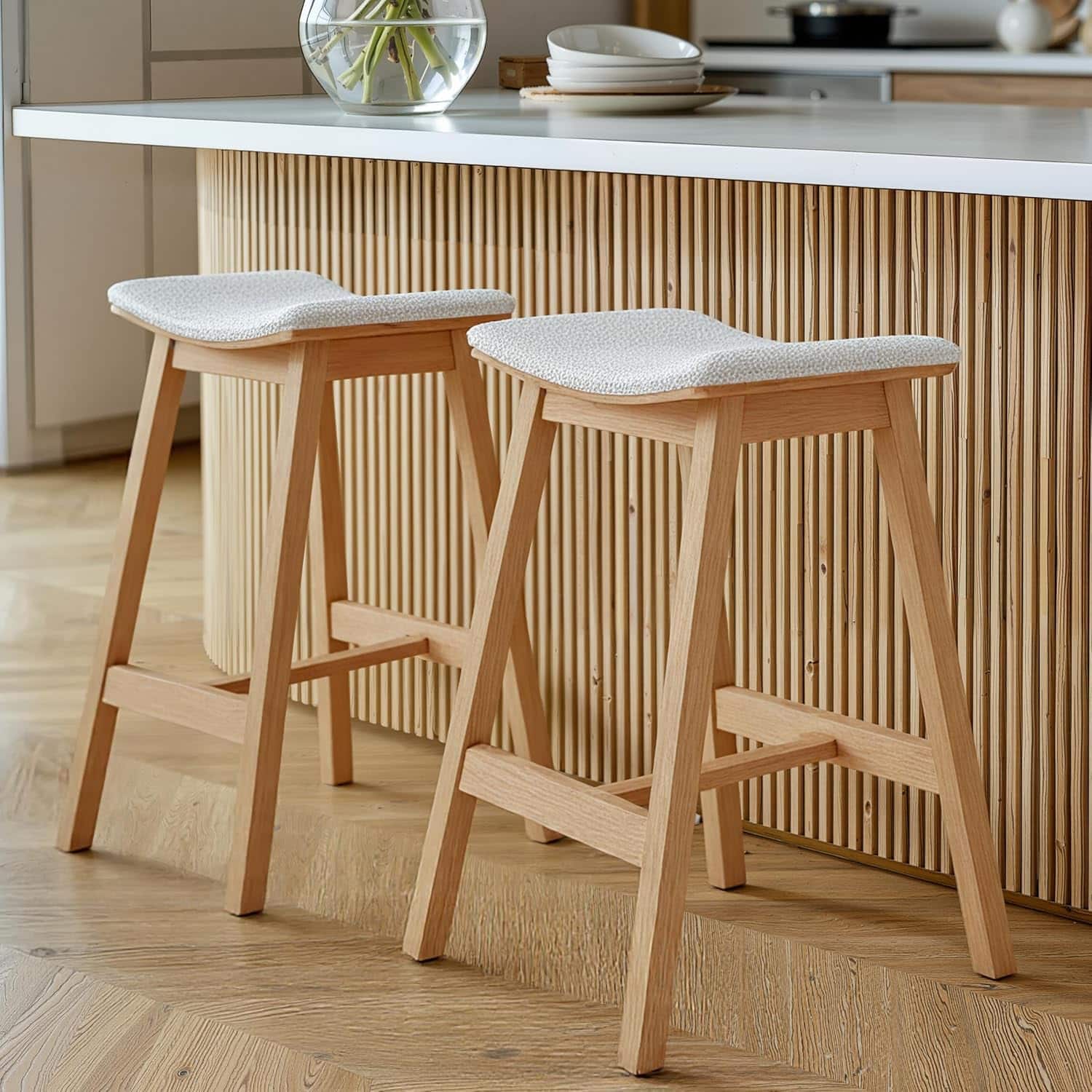 Acanva - Modern Counter Height Bar Stools Set of 2, Barstools Chair for Kitchen Island with Solid Wood Frame - Oak and White