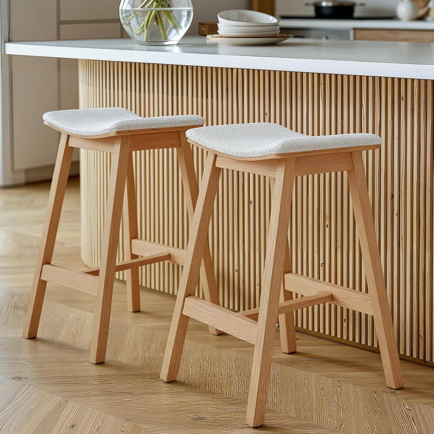 Front. Acanva - Modern Counter Height Bar Stools Set of 2, Barstools Chair for Kitchen Island with Solid Wood Frame - Oak and White.