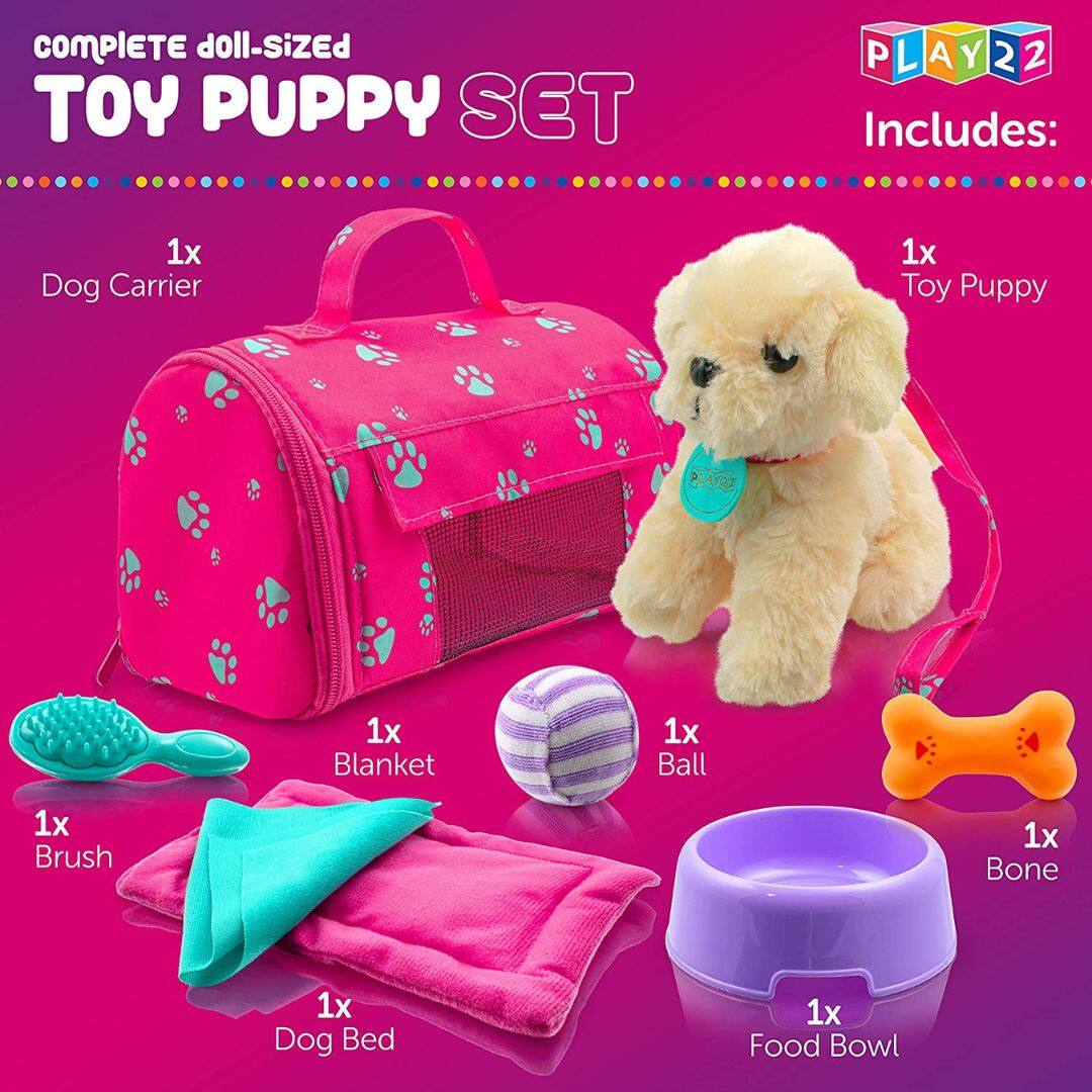COMPLETE doll-sized TOY PUPPY SET

Includes:
1x Dog Carrier
1x Toy Puppy
1x Blanket
1x Ball
1x Brush
1x Dog Bed
1x Bone
1x Food Bowl