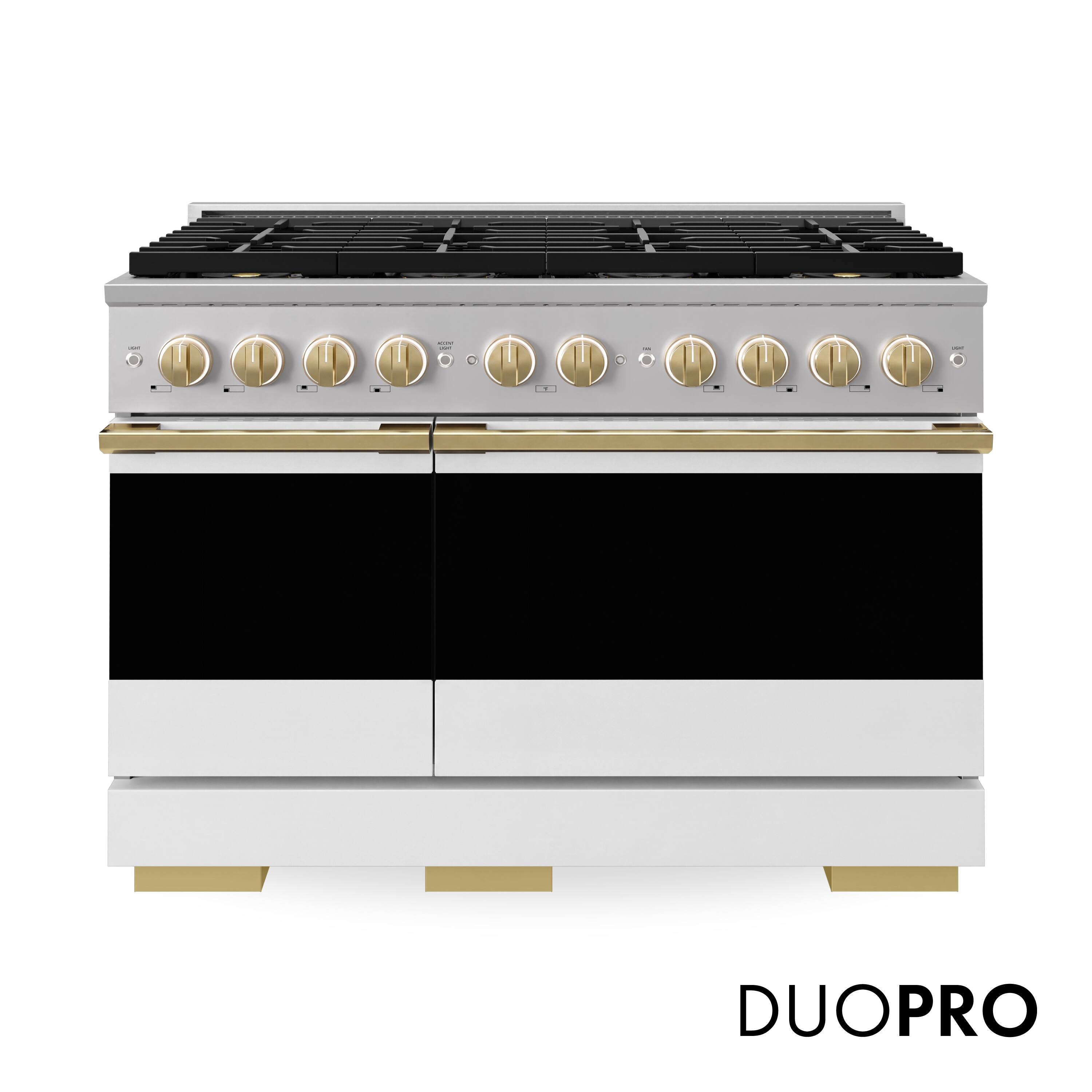 Front. ZLINE - Autograph 48 in. 6.7 cu. ft. Marino Freestanding DuoPro Gas Range w/ White Matte Door and Polished Gold Accents - White Matte.