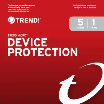 Continuous protection renews automatically each year.
Credit card or PayPal required for auto-renewal subscription and use.
Activation Code provided on receipt at time of purchase
TREND MICRO™
DEVICE PROTECTION
5 USERS | 1 YEAR