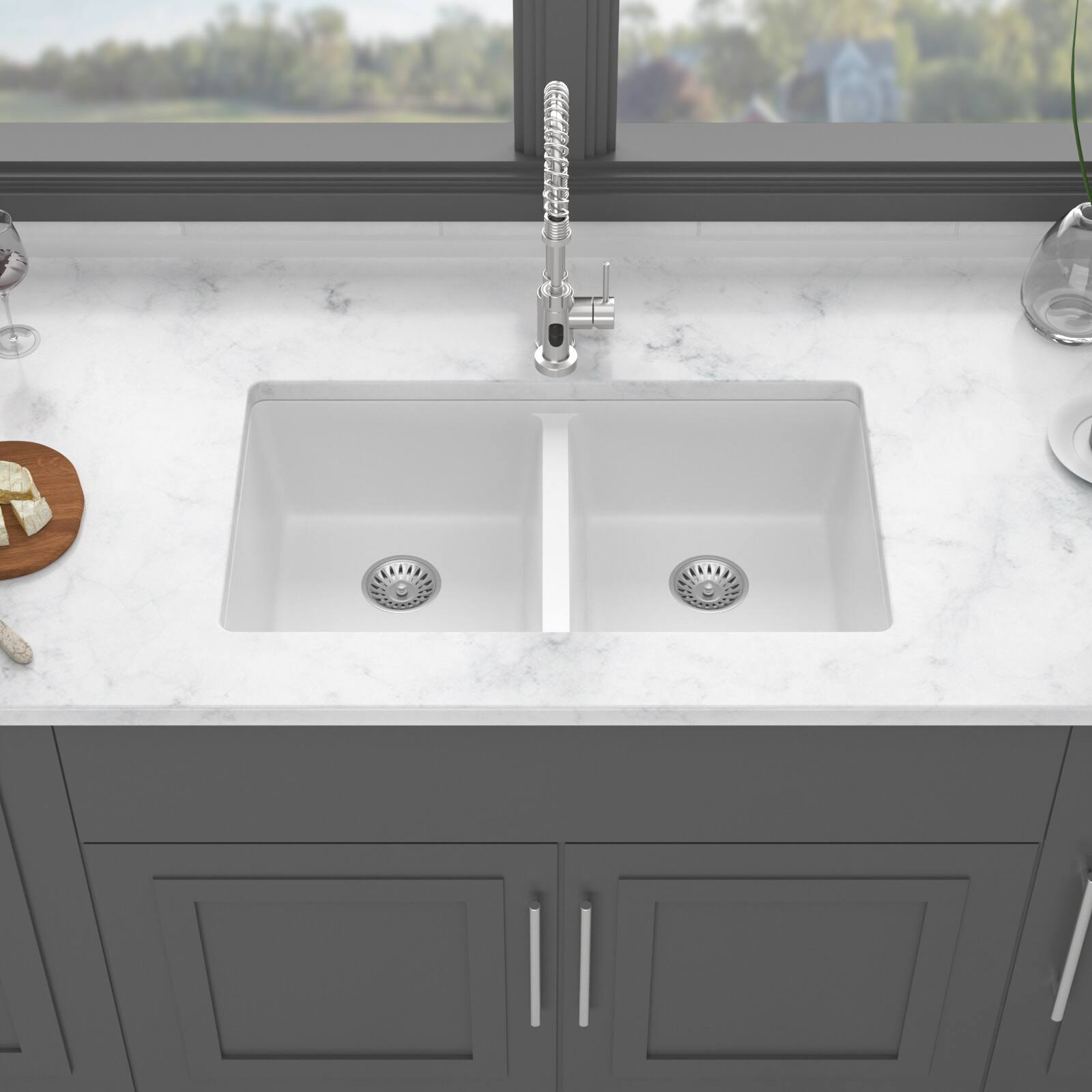 APRILSOUL - Quartz Kitchen Sink - 33 in x 19 in x 10.33 granite composite undermount kitchen sink Double Bowl 50/50 - White