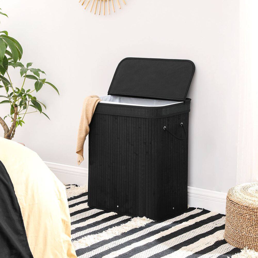 Left. Songmics Home - Bamboo Laundry Hamper with Lid – Large 26.4-Gallon Capacity Laundry Basket in Black - Black.