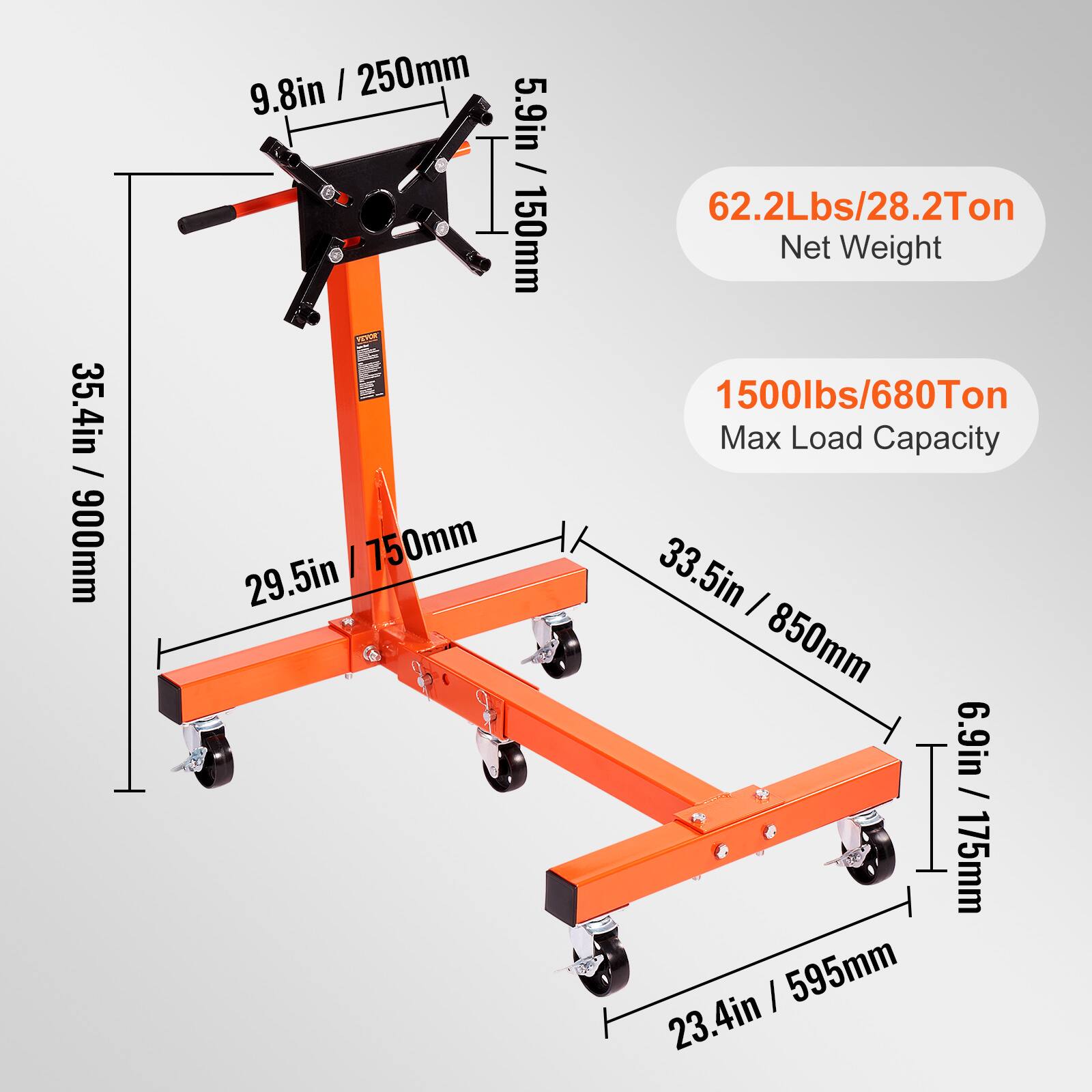 35.4in / 900mm  
9.8in / 250mm  
5.9in / 150mm  
29.5in / 750mm  
62.2Lbs/28.2Ton Net Weight  
1500lbs/680Ton Max Load Capacity  
33.5in / 850mm  
6.9in / 175mm  
23.4in / 595mm