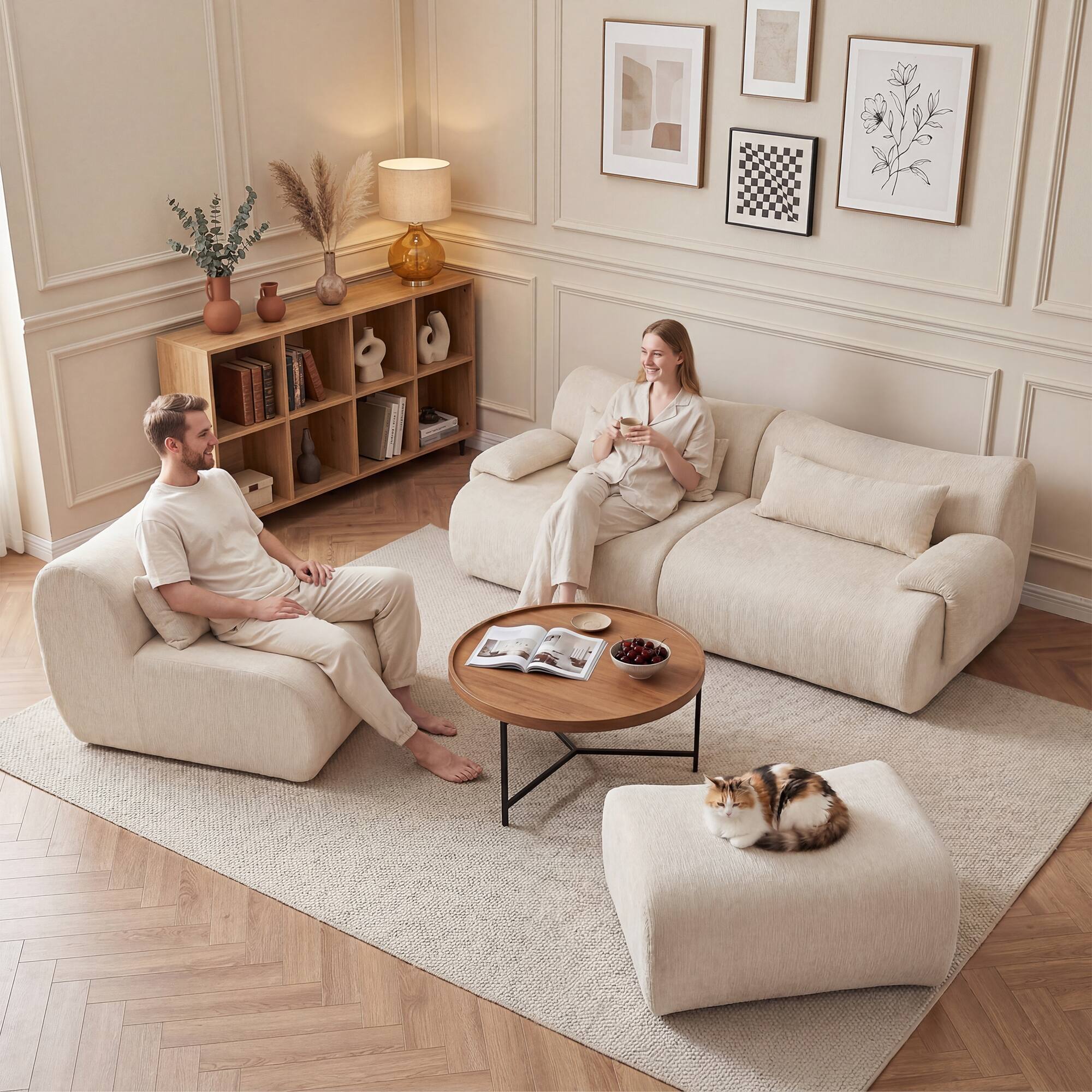Left. Anysun - Boneless Sofa – 3-Seat High-Quality, Anti-Slip Design, No Assembly, Curved Armrests, Streamlined Design - White.
