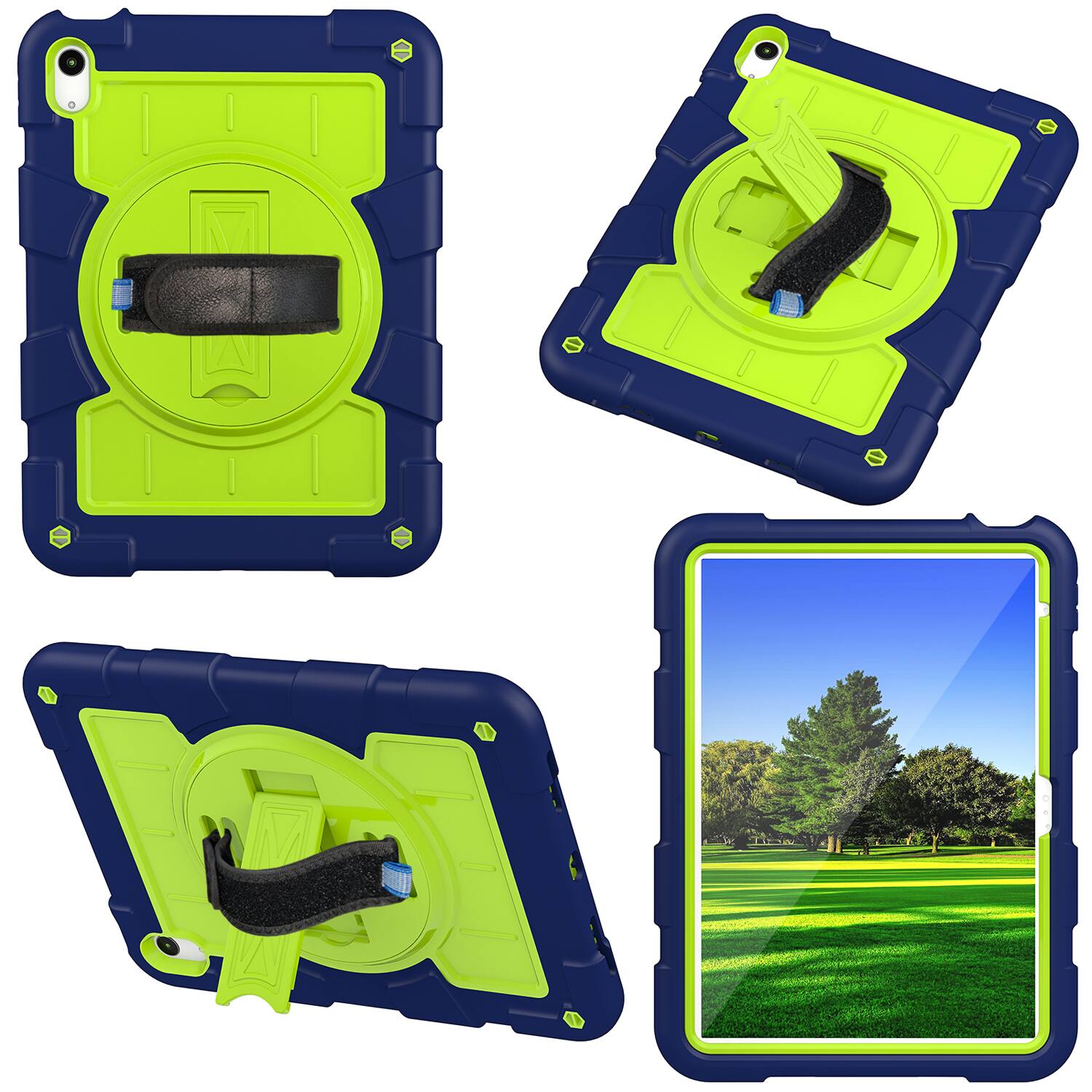 Left. Dteck - Heavy Duty Rugged Case for Apple iPad (A16) 11" 2025 & iPad 10.9" (10th Gen 2022),With Built-in Kickstand+Shoulder Strap - Navy Green.