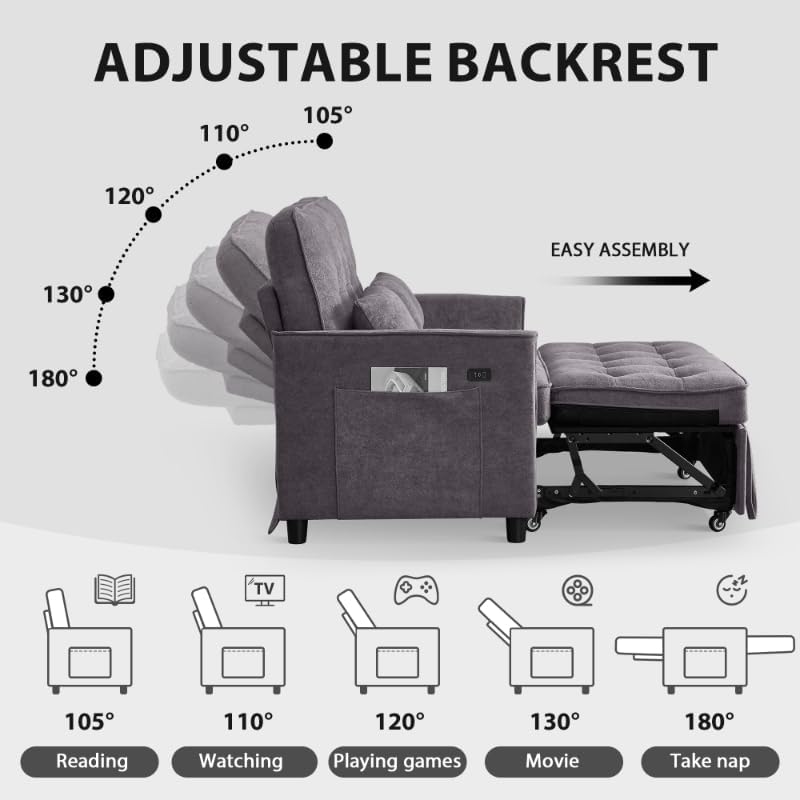 ADJUSTABLE BACKREST

105° - Reading
110° - Watching
120° - Playing games
130° - Movie
180° - Take nap

EASY ASSEMBLY