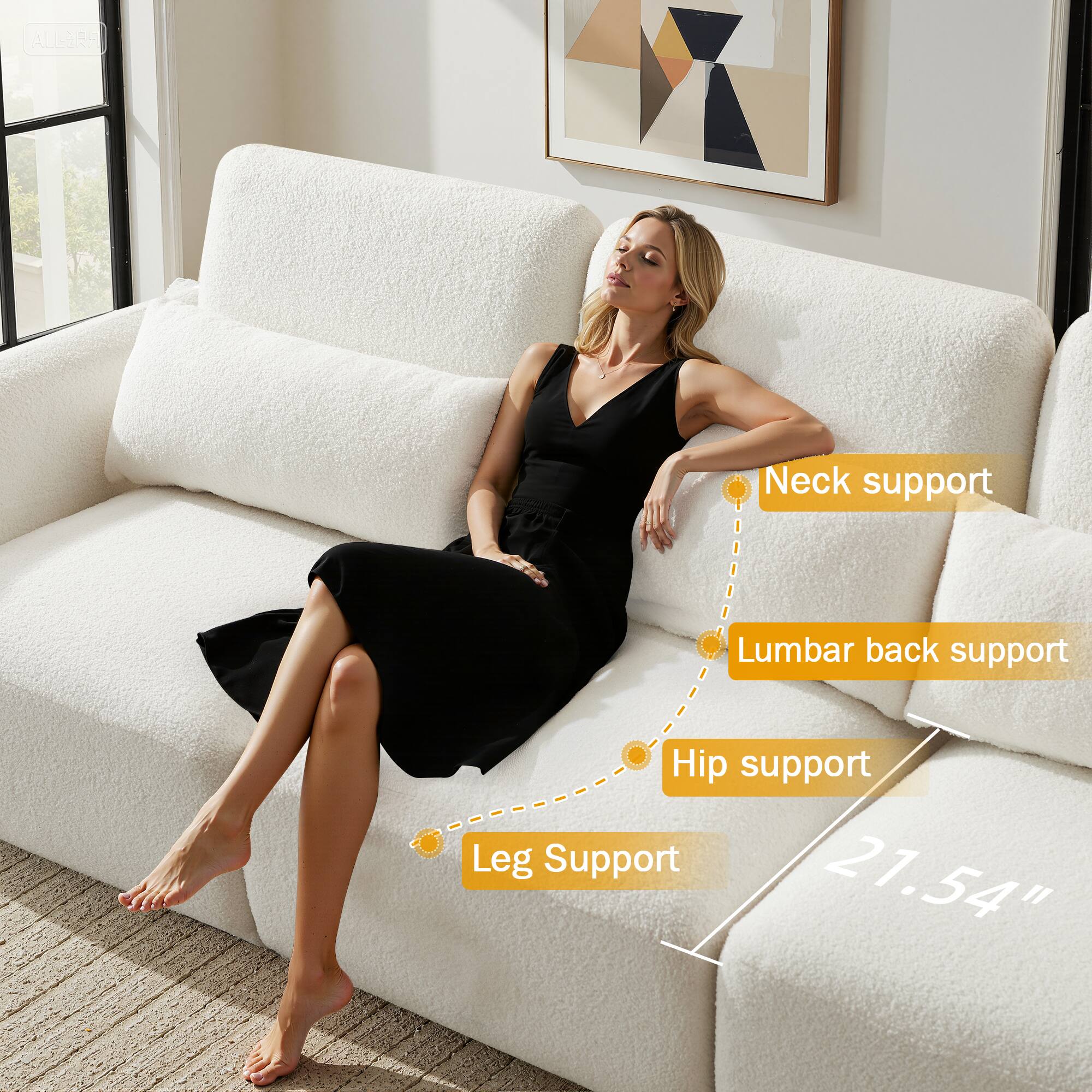 - Neck support
- Lumbar back support
- Hip support
- Leg support
- 21.54"